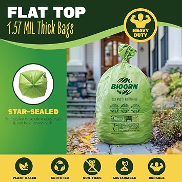 55 Gallon Compostable Trash Bags Flat-Top, Heavy Duty Extra Thick 1.57 Mil, 208.2 Liter, 12 Bags, Large Lawn and Yard Waste Bag, ASTM D6400, US BPI and OK Compost Home Certified