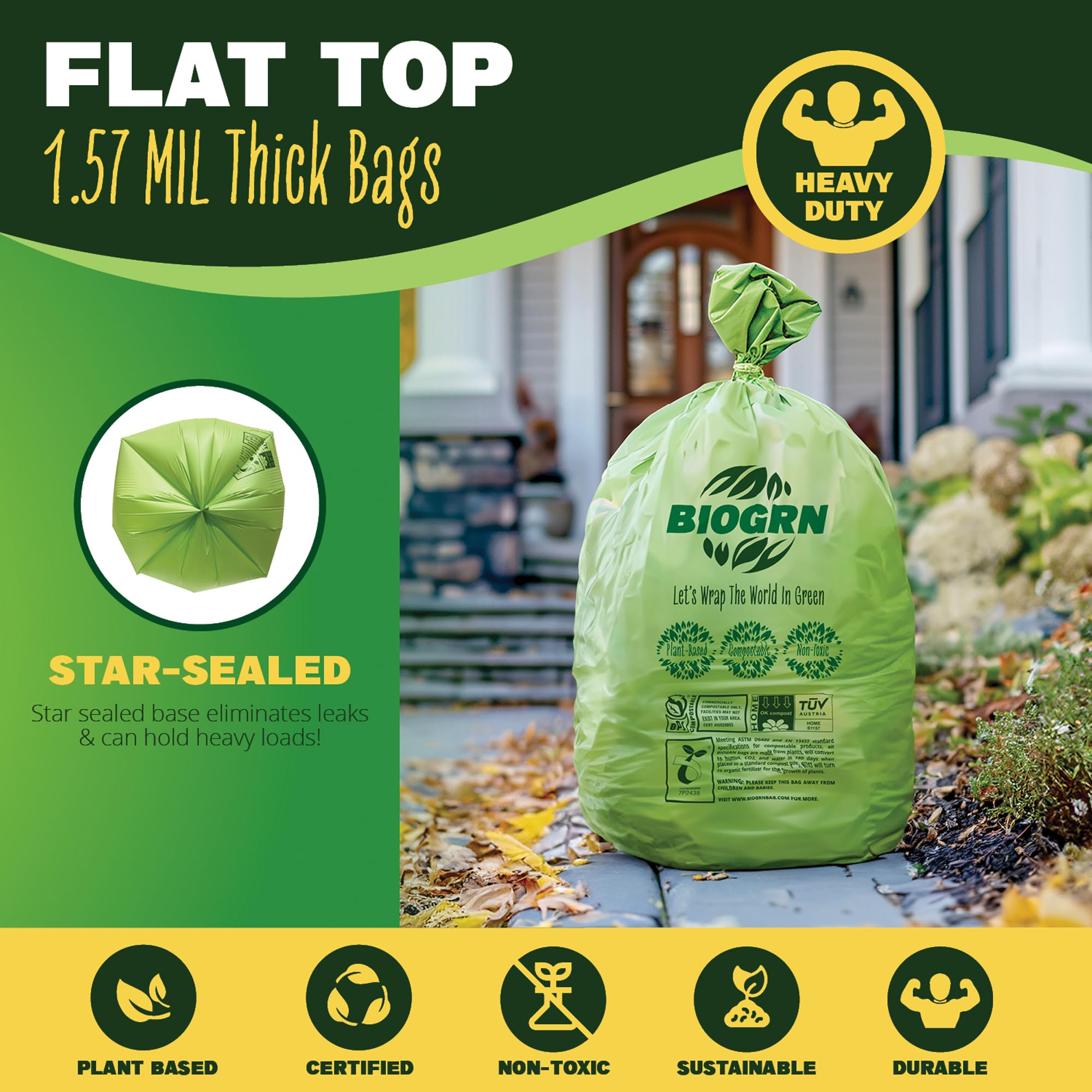Simply Bio Lot De 12 Sacs Poubelle Compostables à Dessus Plat, Très épais, 1 ,57 Mm, 208,2 Litres, Pour Pelouse, Cour Et Restaurant, ASTM D6400, US BPI, Certifiés OK Compost Home