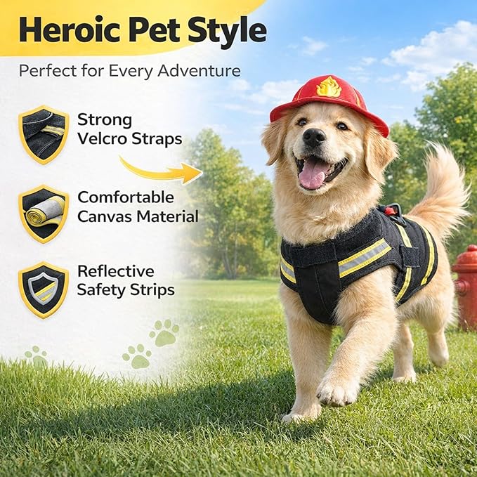 Ropa de Bombero para Perro, Chaqueta de Lona con Sombrero, Disfraz Halloween miniatura 3