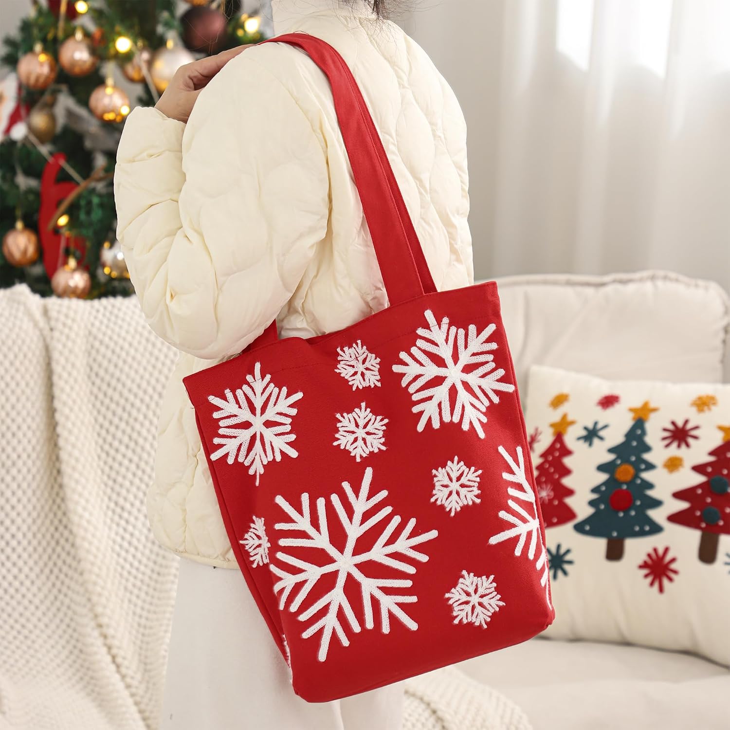 Christmas Embroidery Canvas Tote Bag Cute Reusable Christmas Gift Bags for Winter Holiday Shopping Grocery image 3