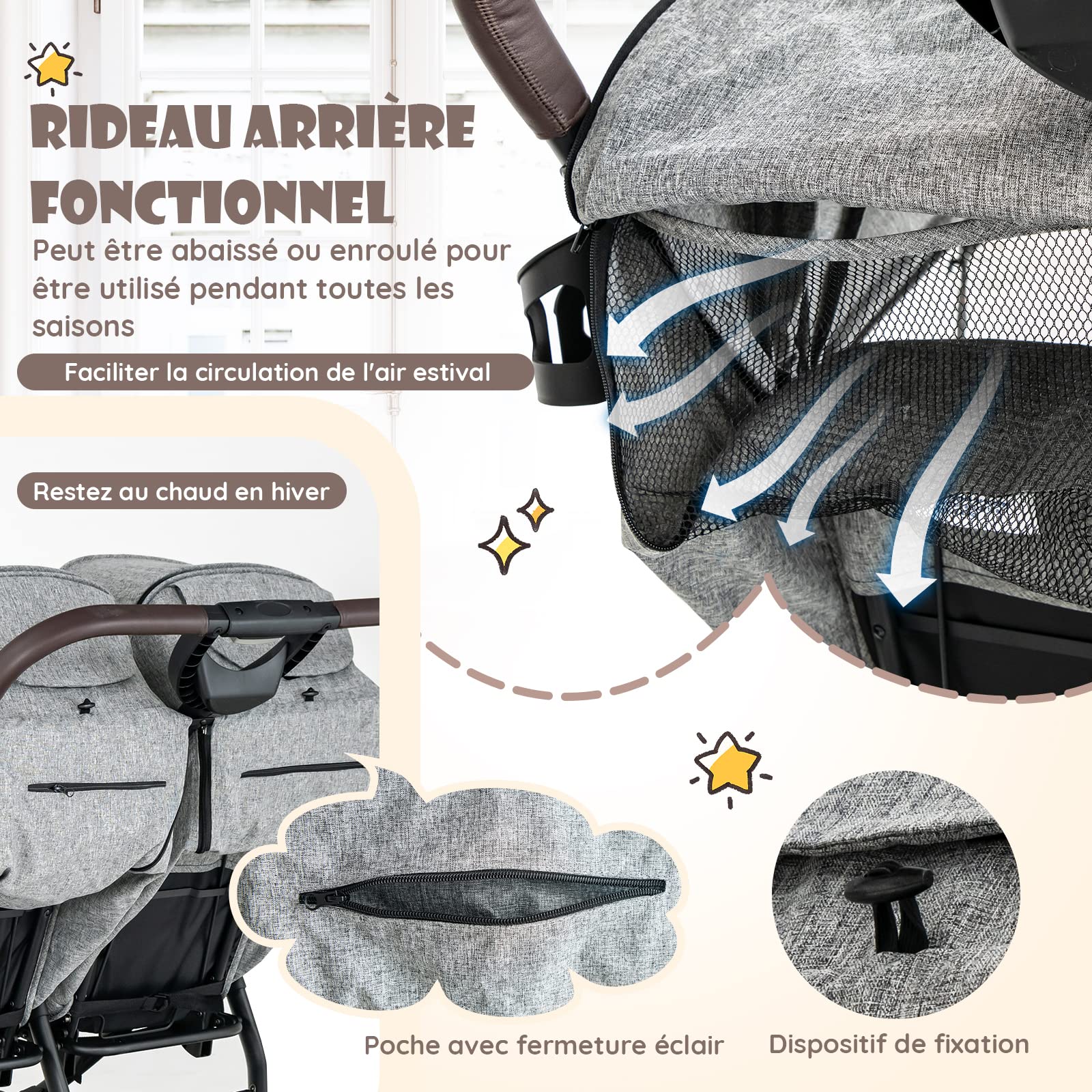 COSTWAY Poussette Canne Double avec Porte-Gobelet, Poussette Côte à Côte avec Dossier & Auvent Réglable, Pliable d'une Main, Ceinture de Sécurité, Charge 15KG pour Bébé 0 à 3 Ans