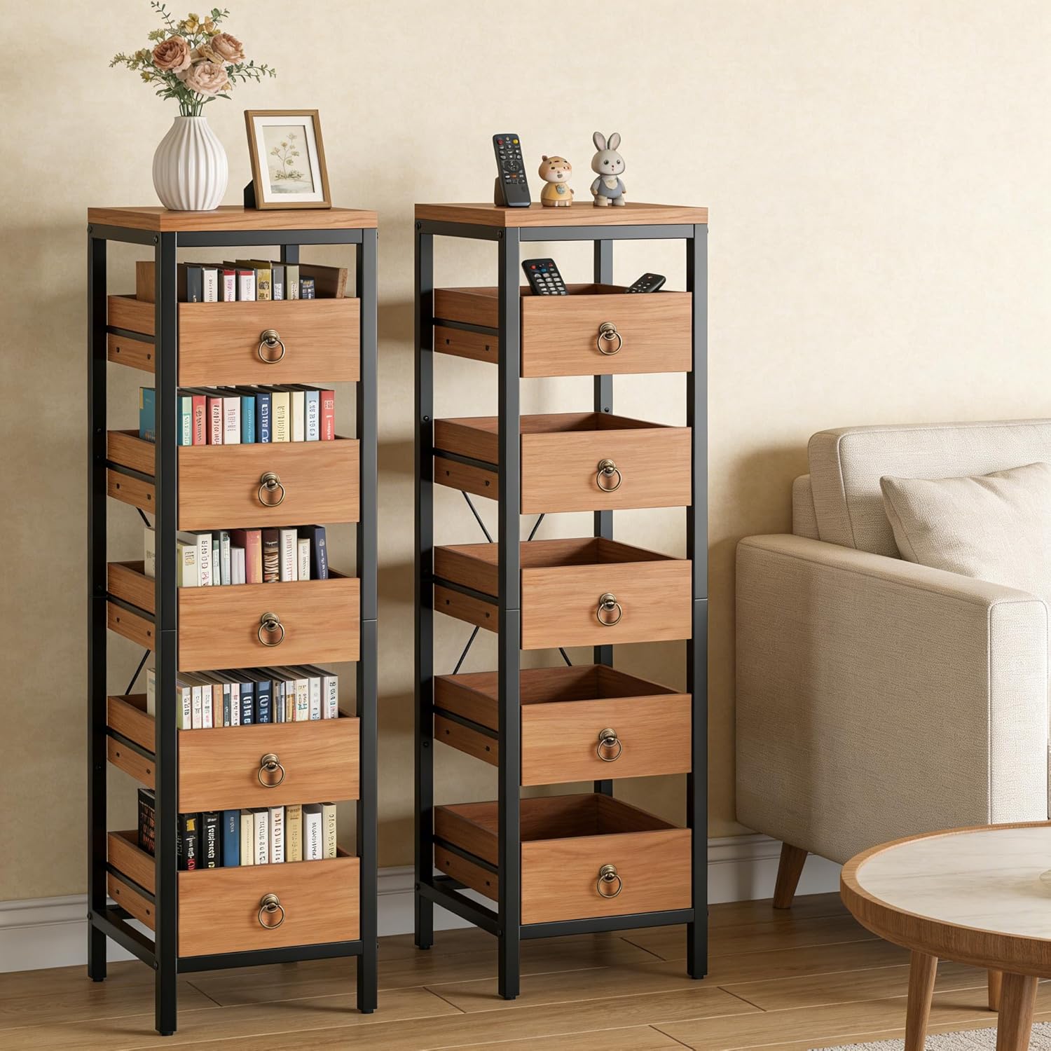 Kitchen Fruit Vegetable Storage Rack, 5-Tier Narrow Snack Fruit Display Stand with 5 Pull-Out Drawers Basket, Utility Organizer Standing Shelf for Kitchen Living Room Bathroom Supermarket, Walnut