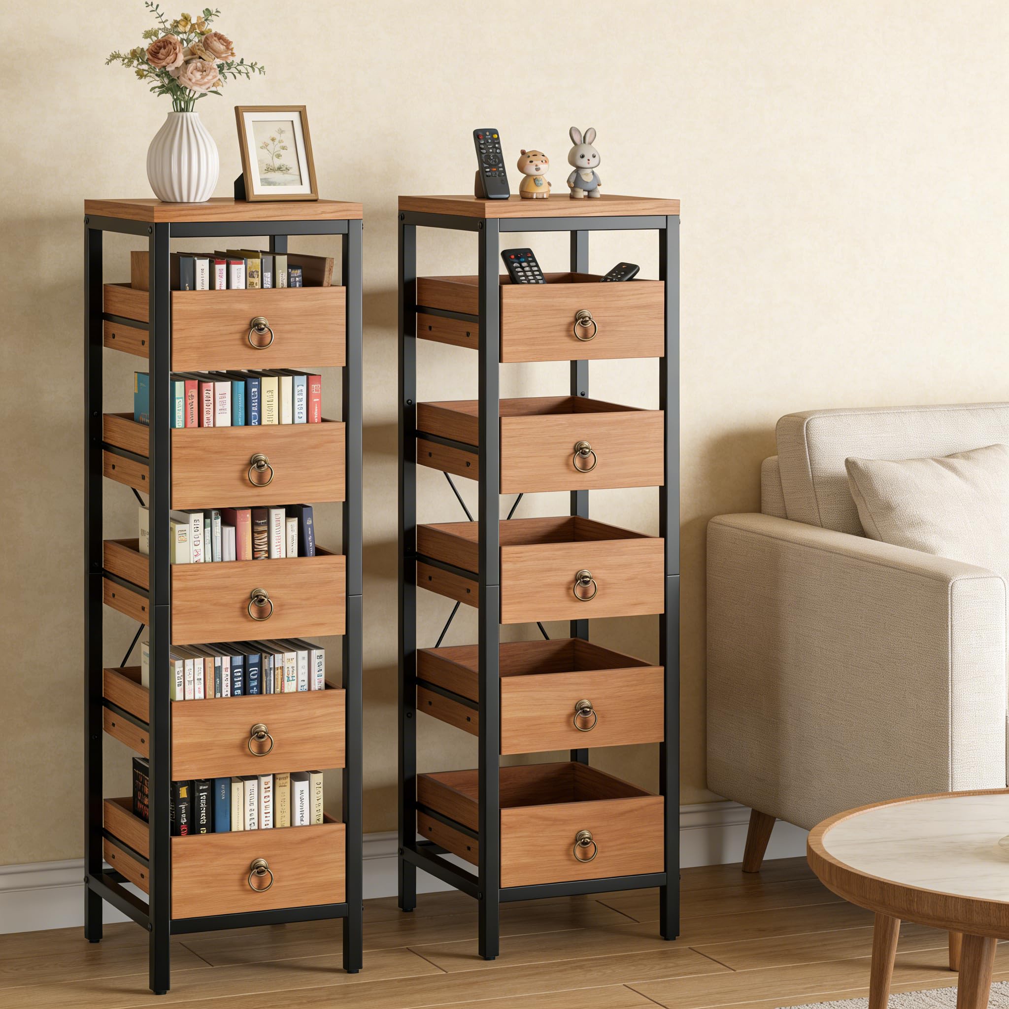 Scaffale da cucina stretto a 5 livelli con cassetti rimovibili, organizer metallico multiuso, salvaspazio per frutta, verdura e aperitivi, ideale per cucina, soggiorno, bagno e supermercato.