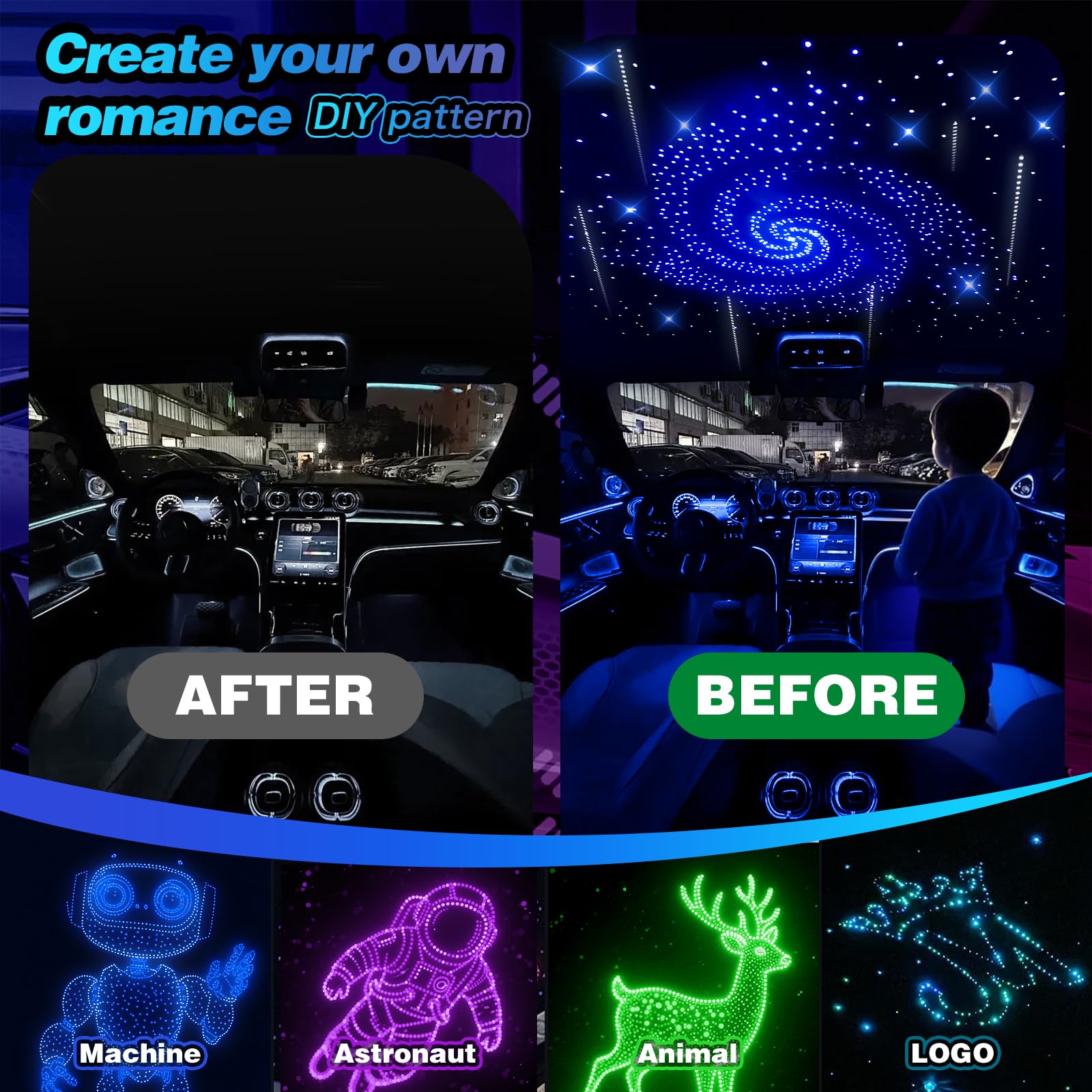Lámpara de techo de 16 W con efecto cielo estrellado de fibra óptica para auto con 650 piezas * 0,75 mm * 3 m Twinkle Meteor 2 en 1 Modelo Música Sync APP Control para regalos de boda Luces de