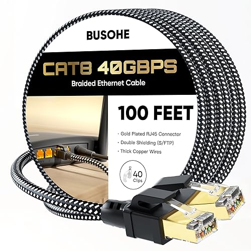 BUSOHE Cable Ethernet Cat 8 de 100 pies, cable de red LAN RJ45 de alta velocidad, trenzado de alta velocidad, cable de conexión Gigabit de 40 Gbps