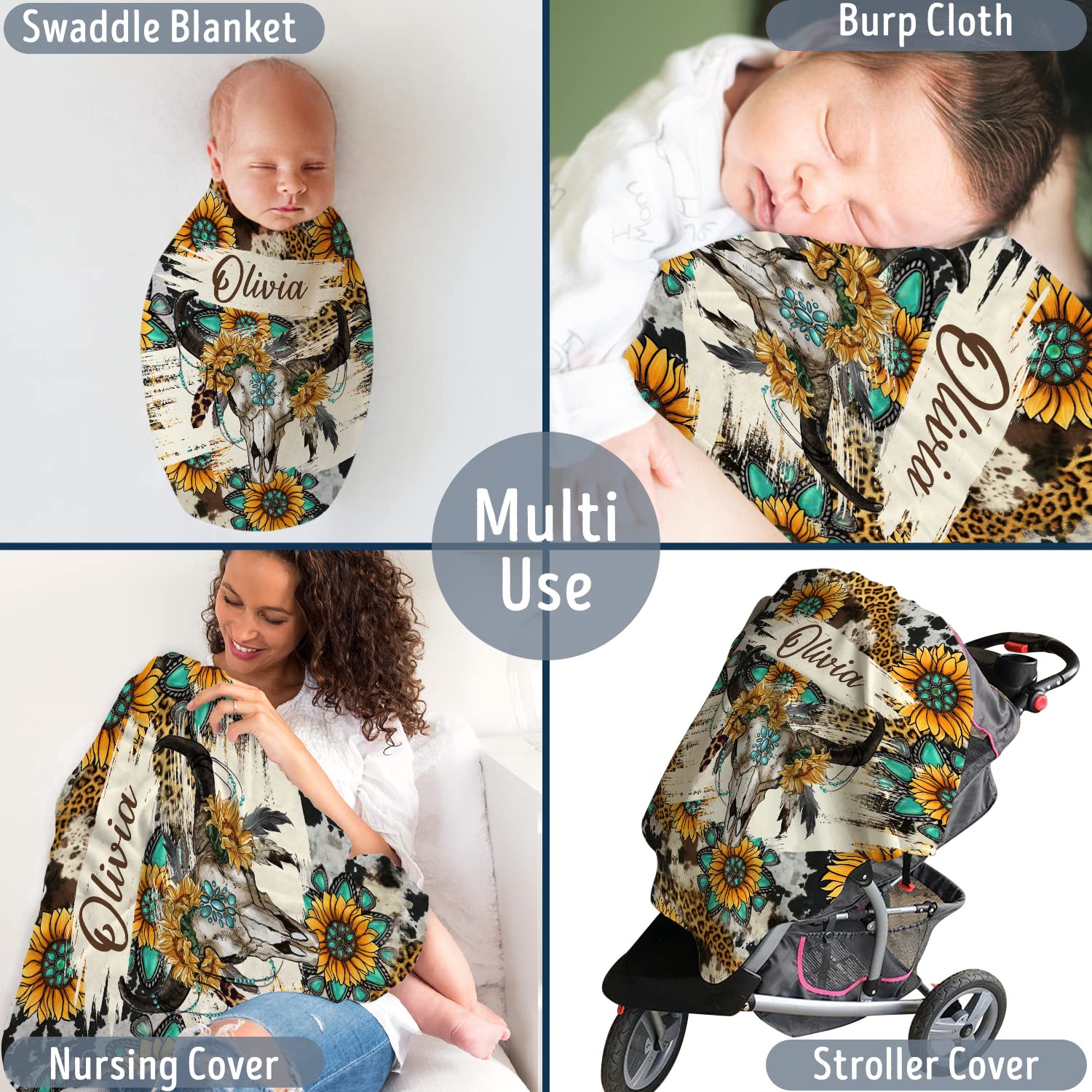 Sunflower Cow Skull Personalized Baby Blankets for Girls Boys, Custom Name Fleece Blankets for Newborn Infant Daughter