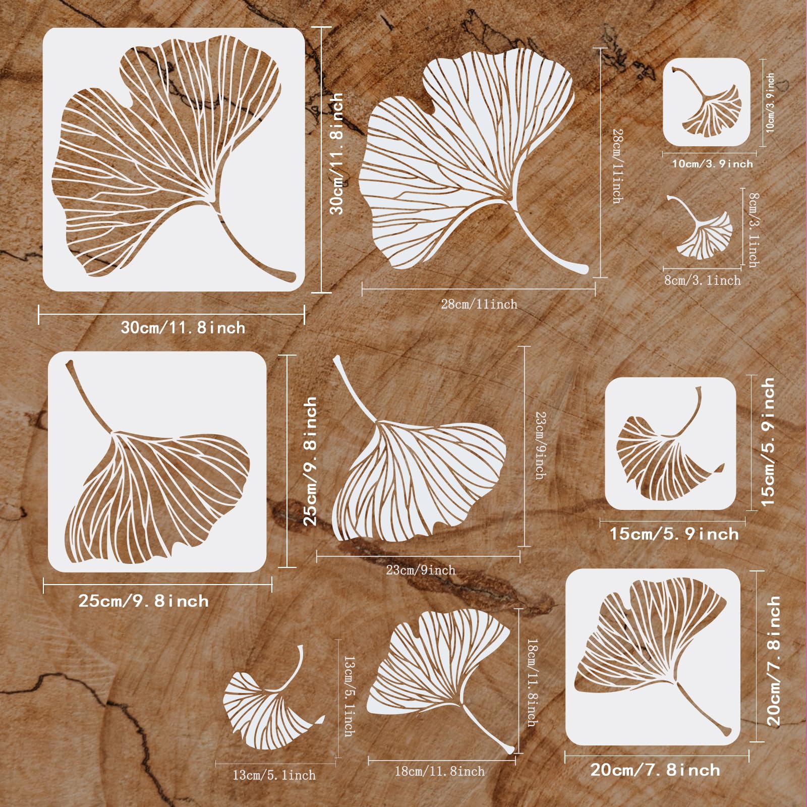 FINGERINSPIRE 5 stencil per pittura ginkgo biloba 10/15/20/25/30 cm riutilizzabili modello di foglia modello di disegno in plastica quadrata scava fuori stencil fai da te per pareti in legno mobili
