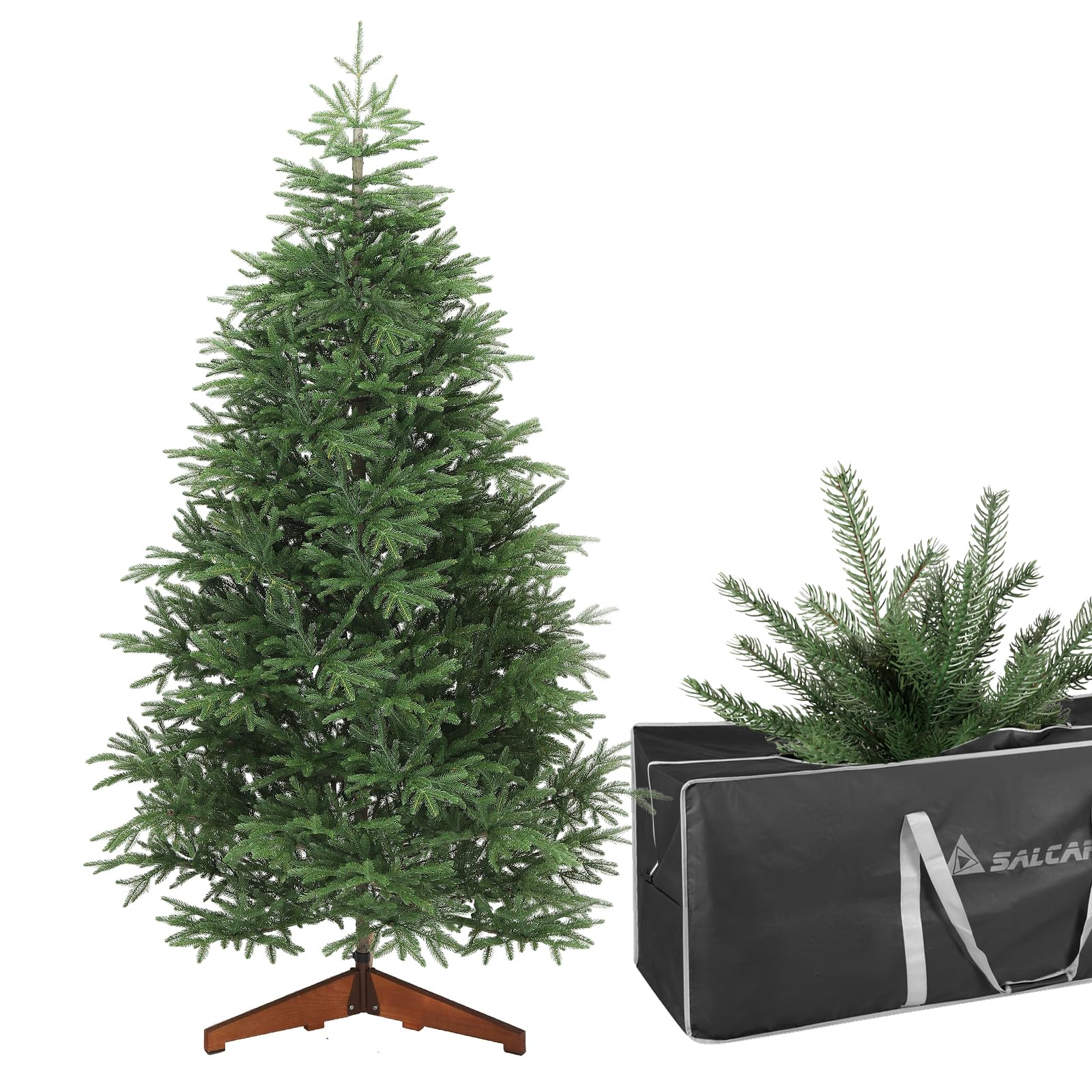 SALCAR Premium Künstlicher Weihnachtsbaum 180 cm – 100 % PE-Spritzguss, realistischer Stamm, schwer entflammbar, Stabiler Massivholzständer, inkl. Aufbewahrungstasche