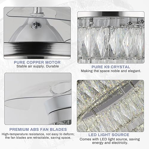 Miniatura 6 de Finktonglan Ventilador de techo Fandelier de 42'' con luz, Ventilador de techo con lámpara de araña LED de cristal con control remoto retráctil,