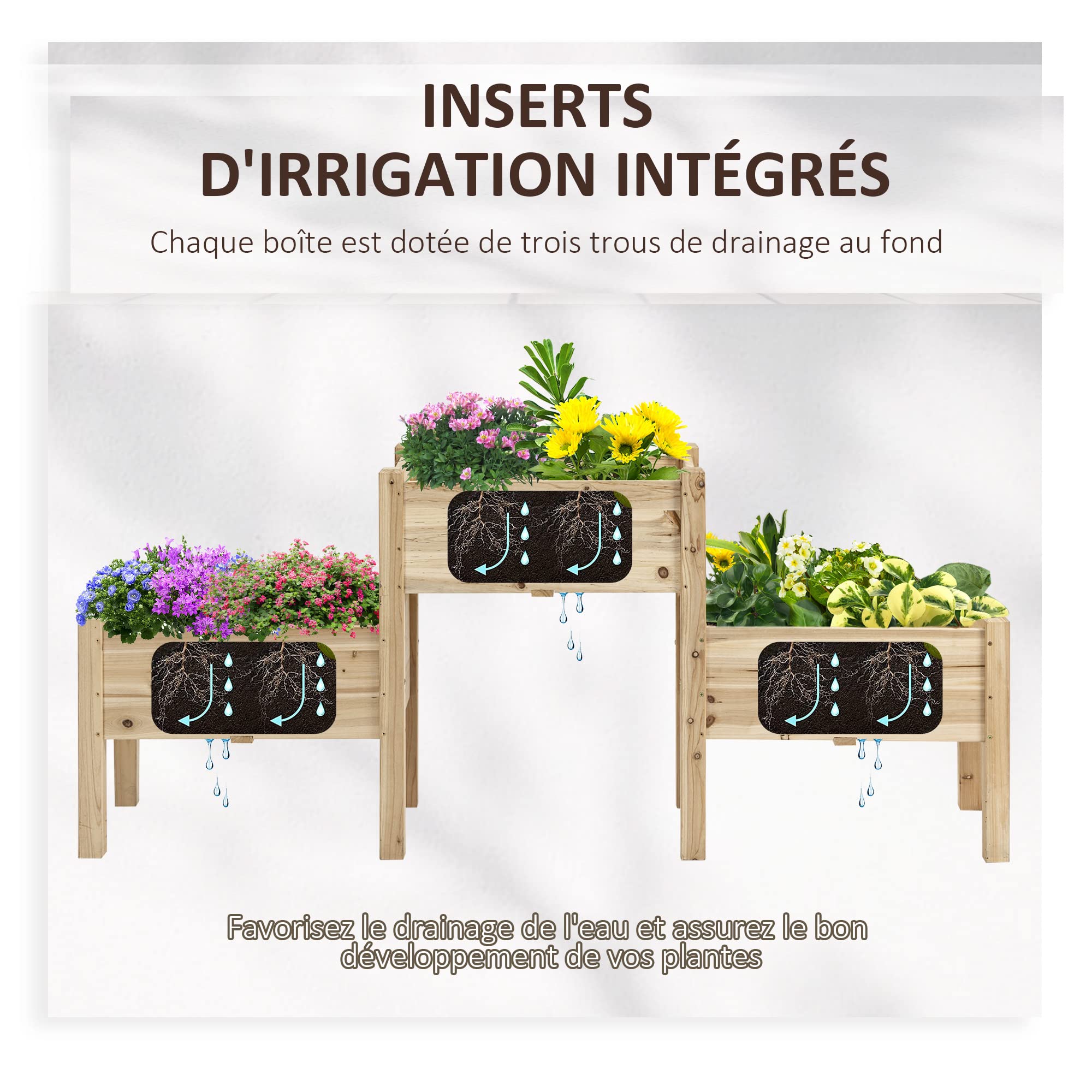 Outsunny Jardinière sur Pieds carré Potager 2 étages dim. 184L x 45l x 80H cm Inserts d'irrigation Bois Sapin pré-huilé | Inserts d'Irrigation, Bois Sapin Pré-huilé
