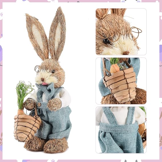Fofetbfo Easter Straw Bunny Figurines Rabbit, 2Pcs Standing Straw Bunny Ornament, Bunny Figurines Standing Bunny Figurine for Tabletop Easter Party Home Decor(#1)