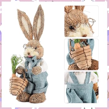 Fofetbfo Easter Straw Bunny Figurines Rabbit, 2Pcs Standing Straw Bunny Ornament, Bunny Figurines Standing Bunny Figurine for Tabletop Easter Party Home Decor(#1)