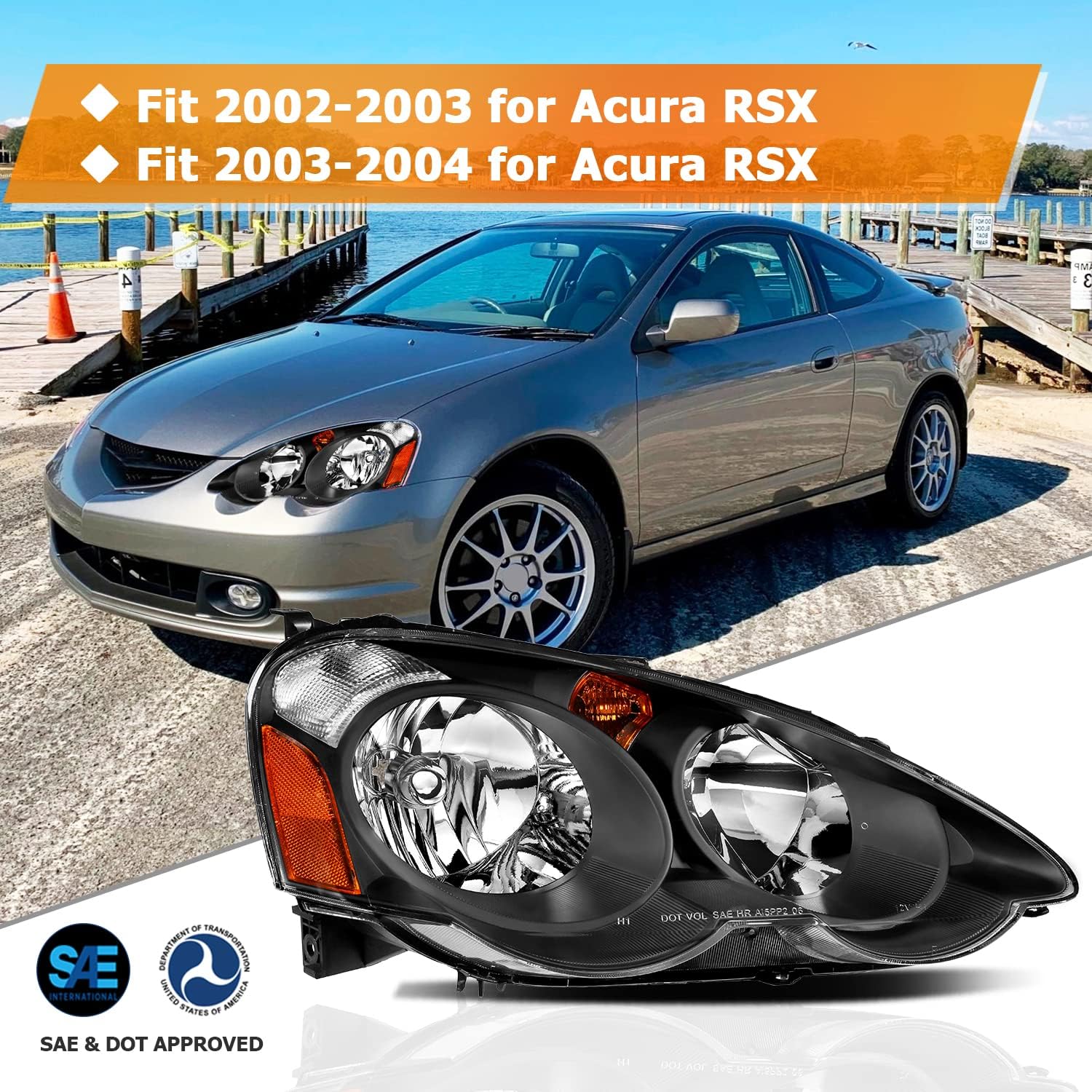 Headlight Assembly for Acura RSX 2002-2004 Black Housing Amber Reflector Clear Lens Driver and Passenger Side Headlamp