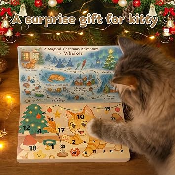 Cat Advent Calendar 2025, 24 Days Christmas Countdown Box for Cats with Interactive Toys, Catnip Balls & Feather Wand, Holiday Gifts for Cat Lovers