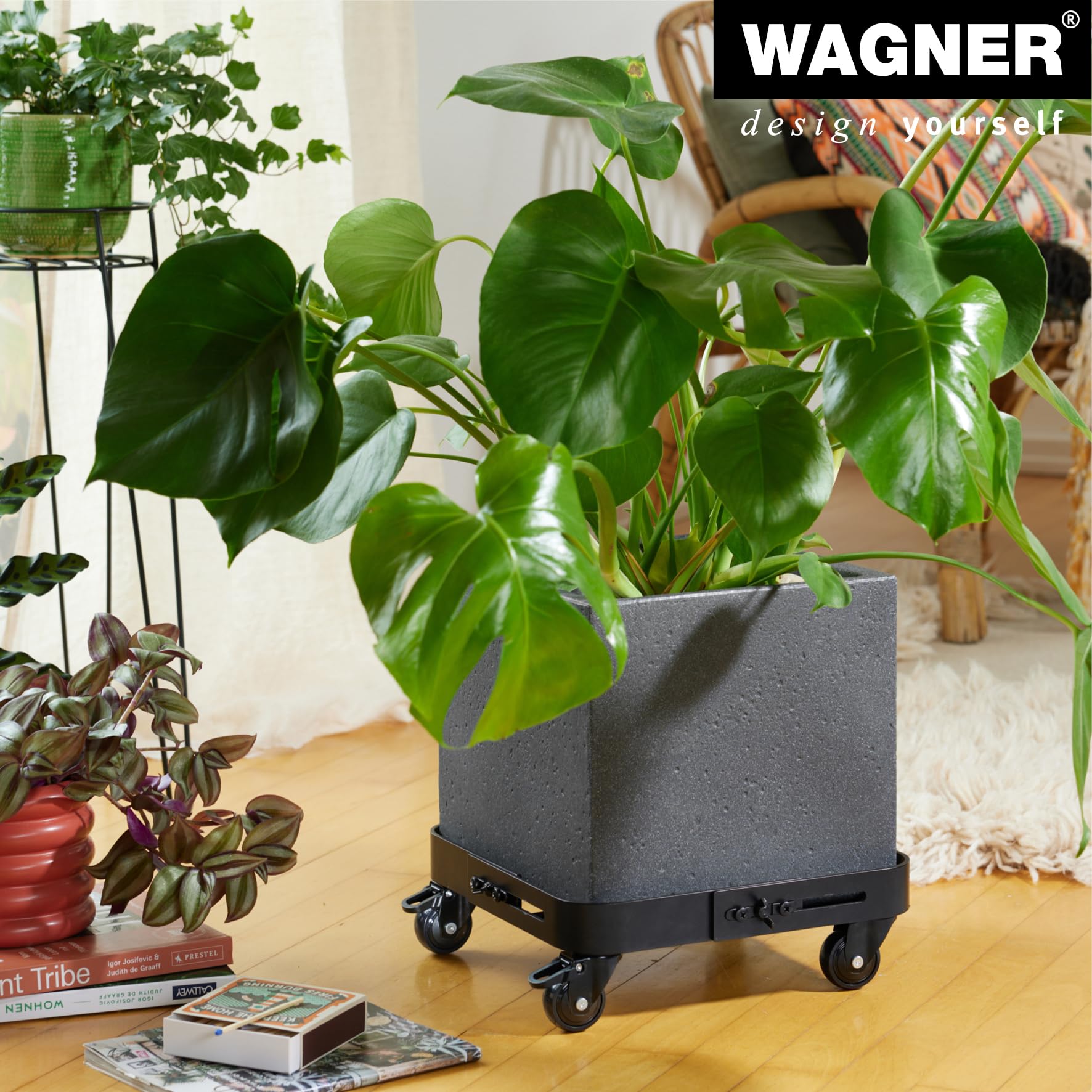 WAGNER Pflanzenroller Sun City Exclusive 25-30 x 10,5 cm I Nutzfläche, stufenlos ausziehbar I Blumenroller für Außenbereich + Innenbereich, Kübelroller Stahl, Tragkraft 200 kg - 20082101