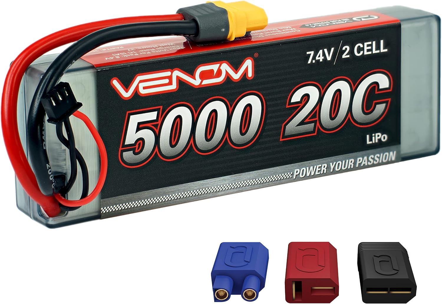 Venom Drive Series 20C 2S 5000mAh 7.4V Hard Case LiPo Battery - Includes 12 AWG Soft Silicone Wire Connector, Universal Plug & Adapter System Compatible with Deans, Traxxas, and EC3 Plug Types