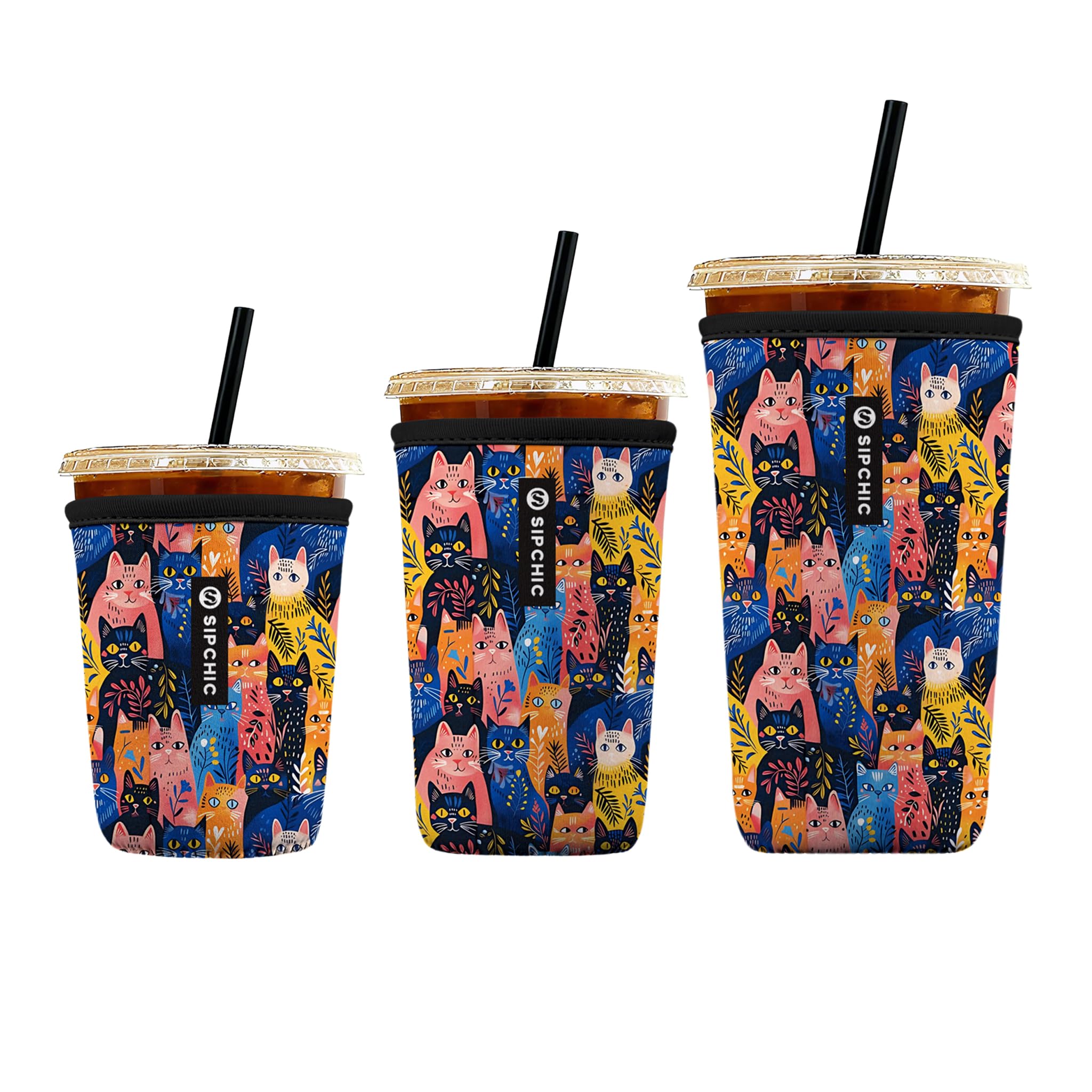 Iced Coffee Sleeve – Neoprene Reusable Cup Sleeves for Drinks, Insulated Drink Sleeves to Keep Hands Dry &amp; Drinks Cold, Stylish &amp; Durable Coffee Sleeves (Meow Jungle, S/M/L 3-Pack)