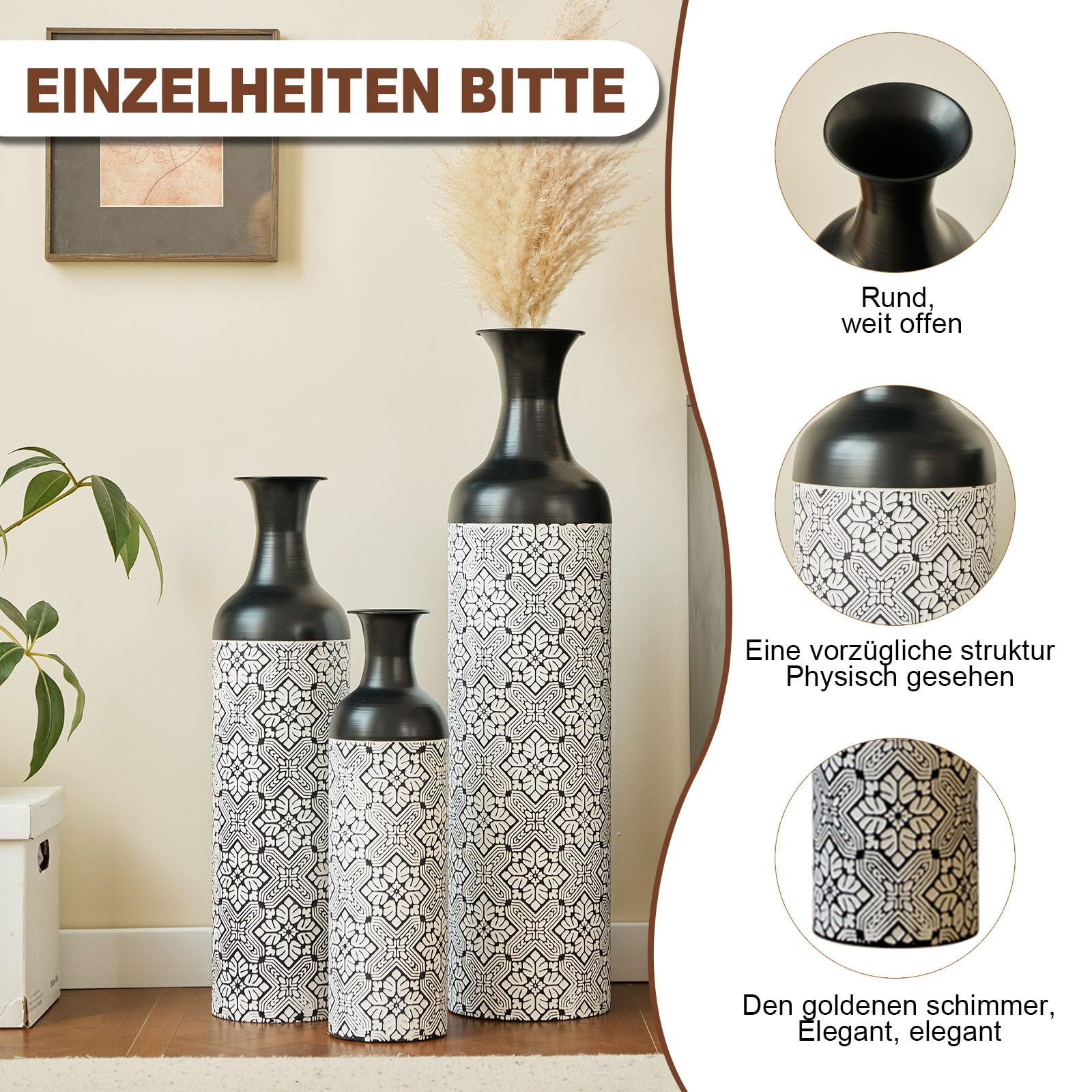 OCACA Juego de 3 jarrones de suelo de metal en blanco y negro – jarrones altos retro en 83/65/50 cm para hierba de las Pampas y flores secas – Elegante decoración de salón y pasillo en moderno diseño