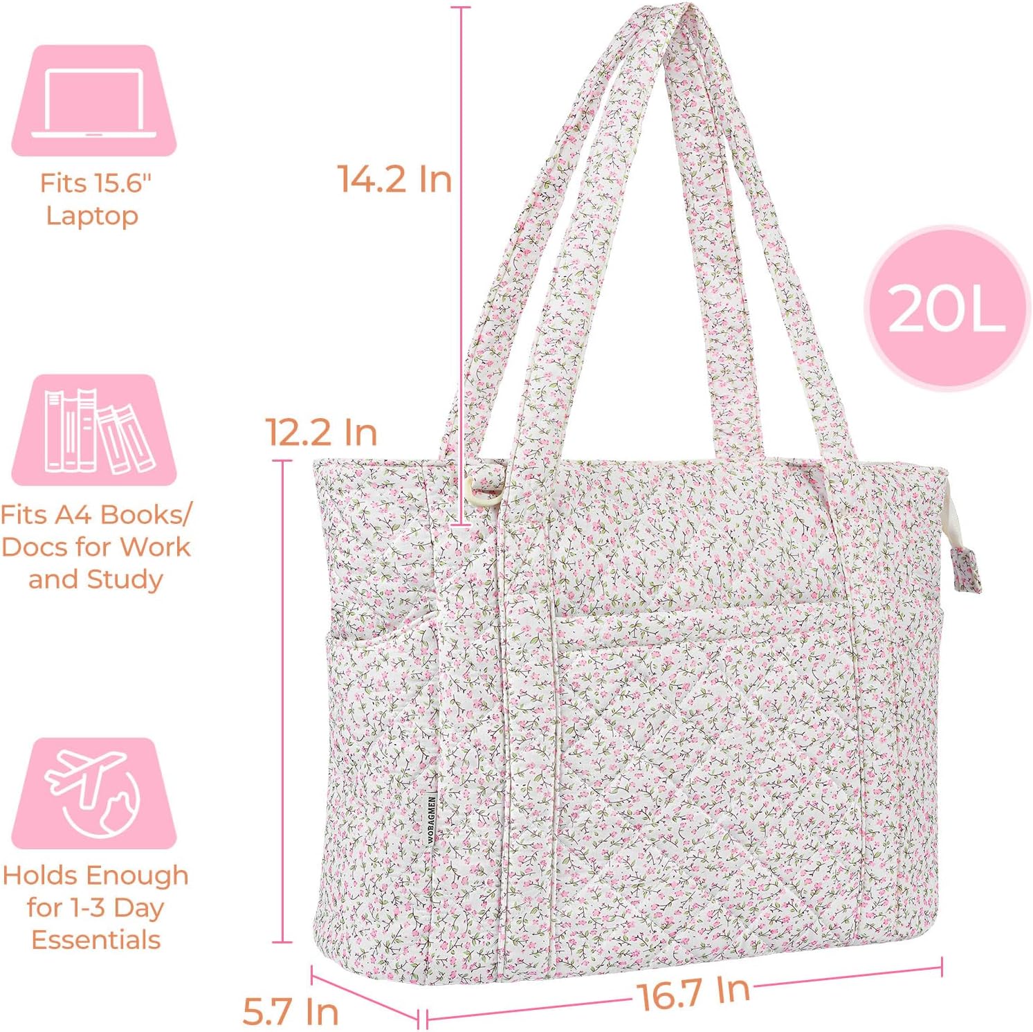 Quilted Tote Bag for Women, Floral Quilted Tote Bag with Zipper, Cute Shoulder Bag for Work, Travel, Gym - Image 2