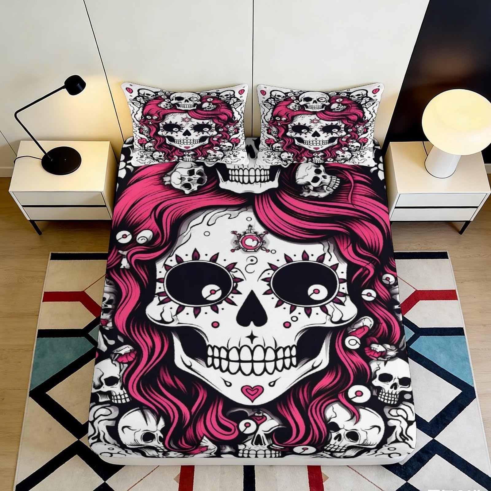 Jqzkxnhpbr Style-7 3D Printed Pink Skull Fitted Sheet Microfiber Soft Breathable Gothic Skeleton Bed Cover For Bedroom Dorm Mattress Protection Decor 90X200x25cm