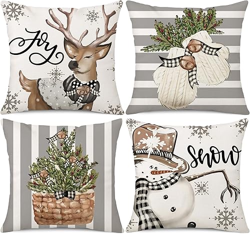 Gujiahone Juego de 4 fundas de almohada decorativas de Navidad, muñeco de nieve, reno, alegría, rayas grises, decoración de Navidad, funda de cojín