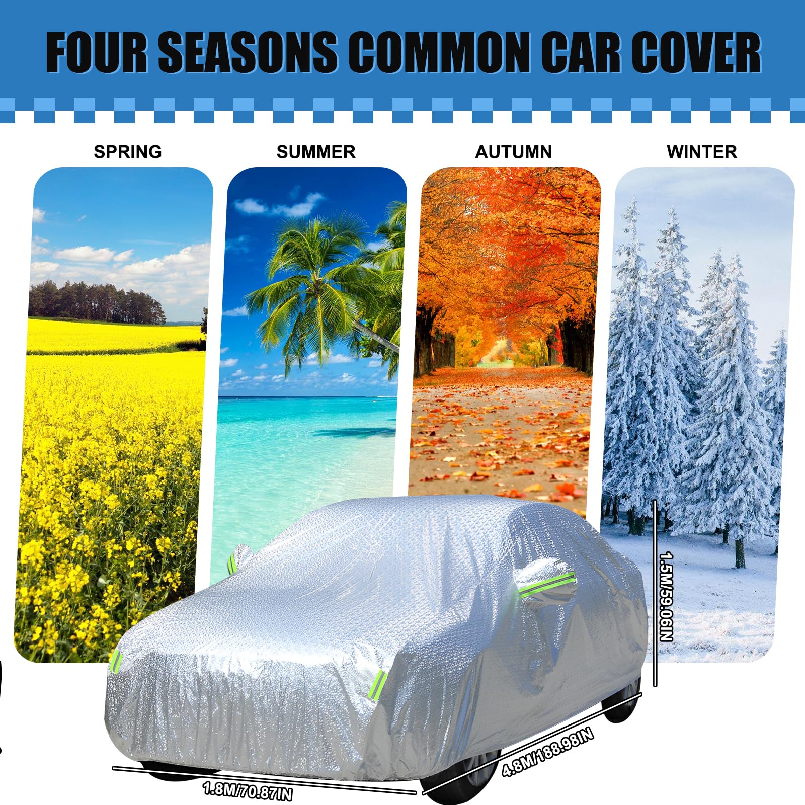 universale Autoschutzhülle, Auto Abdeckplane Wasserdicht Autoabdeckung, 480 x 180 x 150 cm, universal, für draußen, Wasserdicht Anti-Staub UV Anti-Wind Schnee Sonne Kälte, 2.1kg, Silber