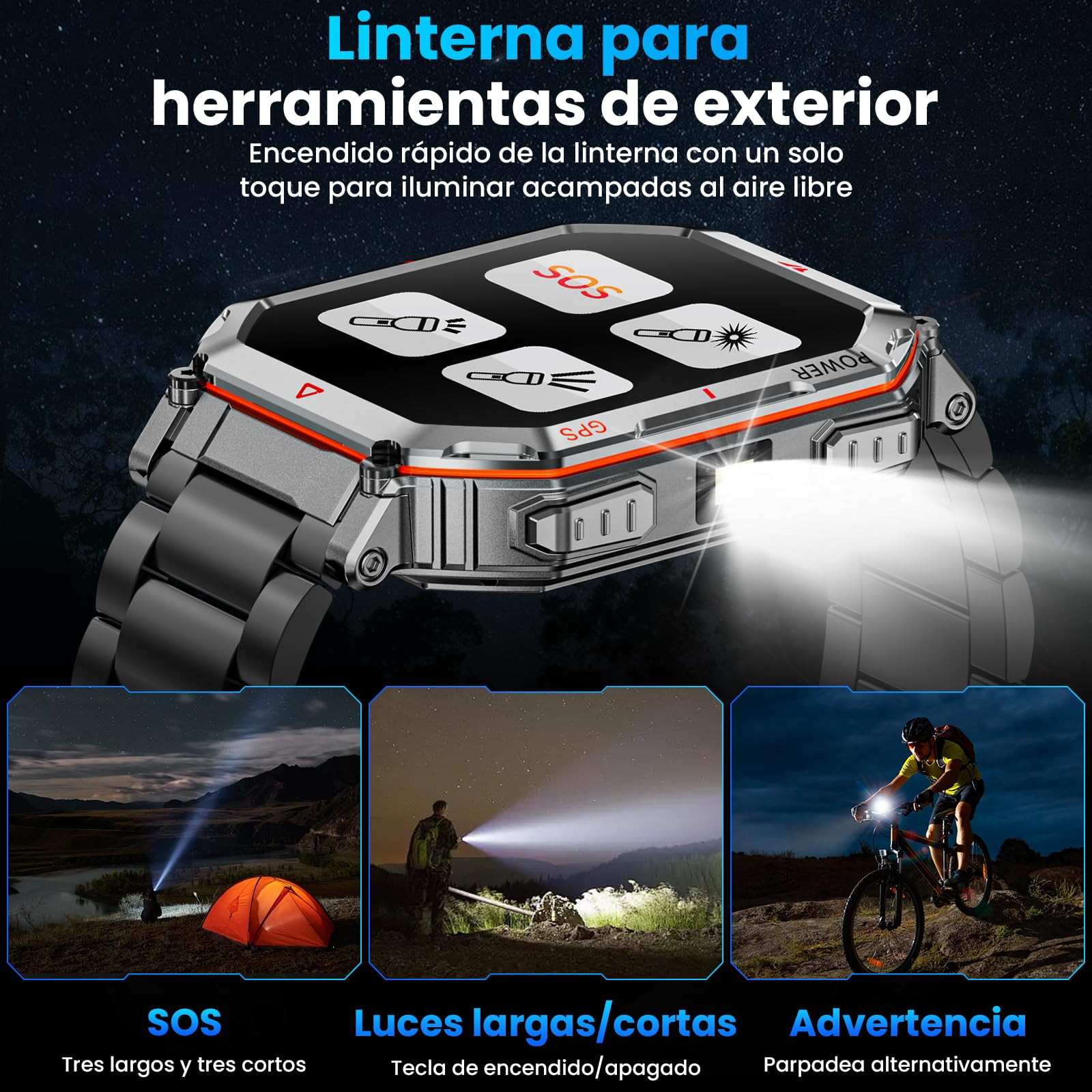 Reloj inteligente militar para hombres Banda de acero, con GPS / brújula, 2.01 "HD Asistente de voz GPT Bluetooth, con linterna led, múltiples modos deportivos, Compatible con Android y iOS (Negro)