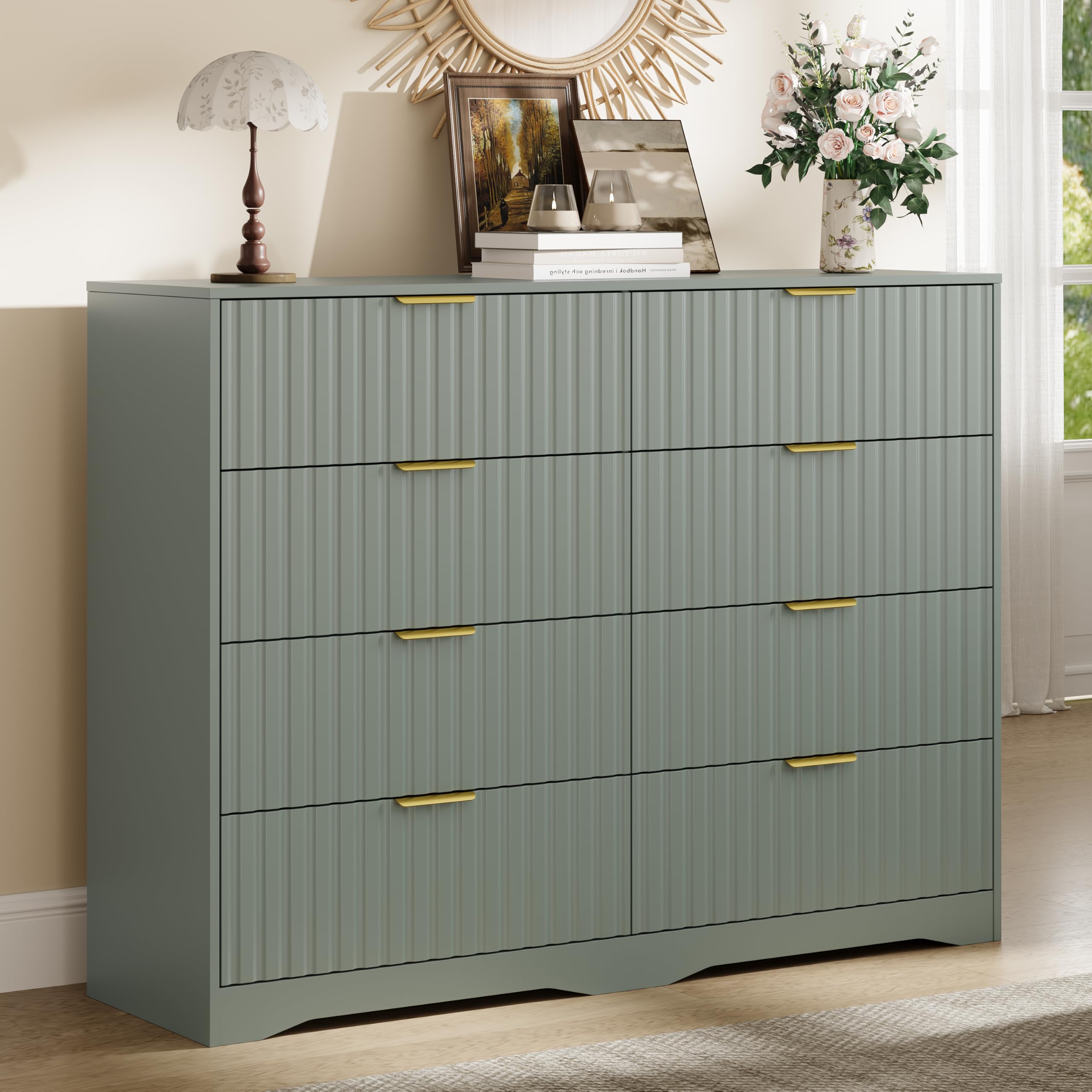 Fluted 8 Drawer Dresser for Bedroom,Tall Chest of Drawers,Green