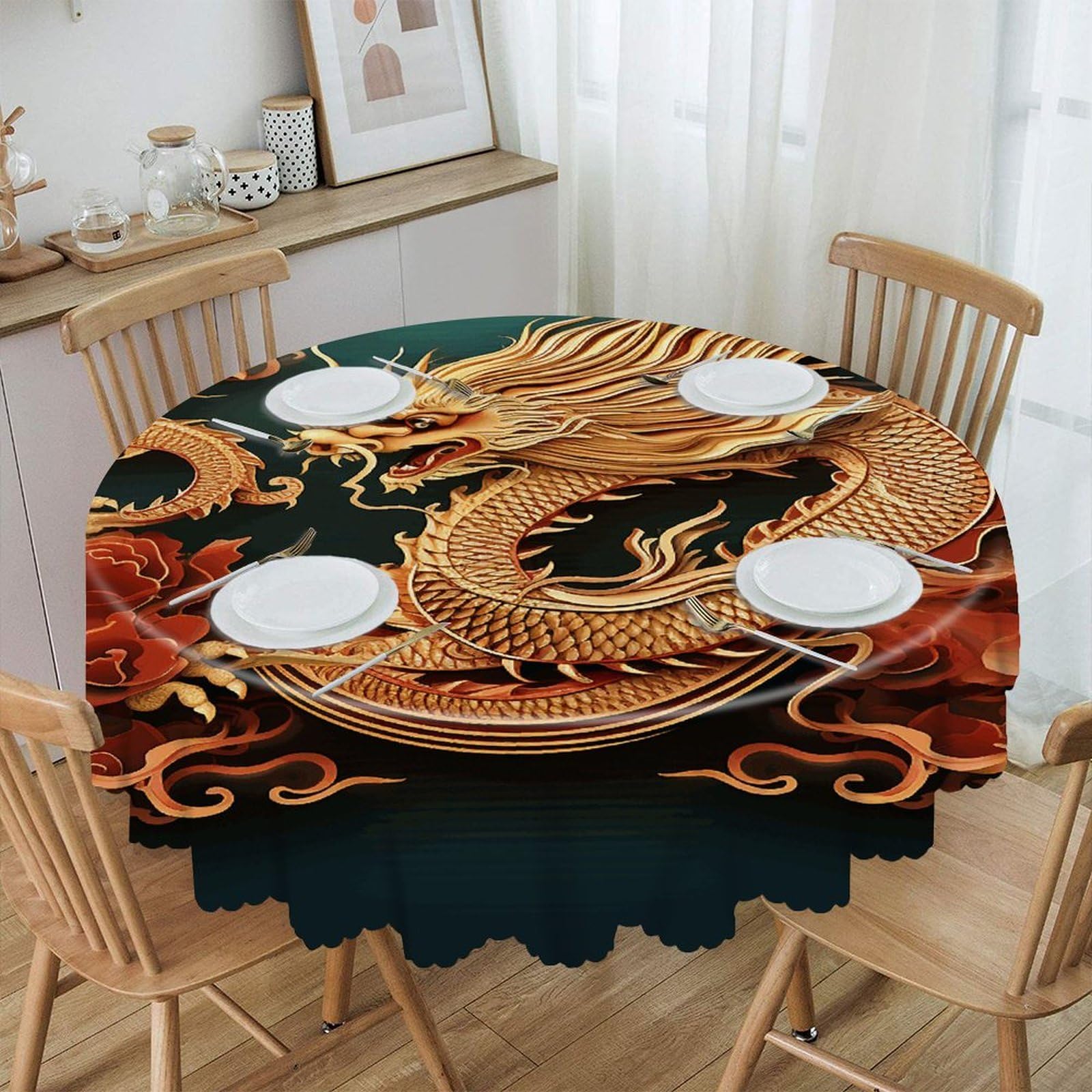VstaDank Dragon Chinese Background Round Tablecloth Premium Polyester Table Cloth Heavy Duty Washable Fabric Tablecloth Waterproof Holiday Table Cover Decorative Tablecloths for Dining 60"