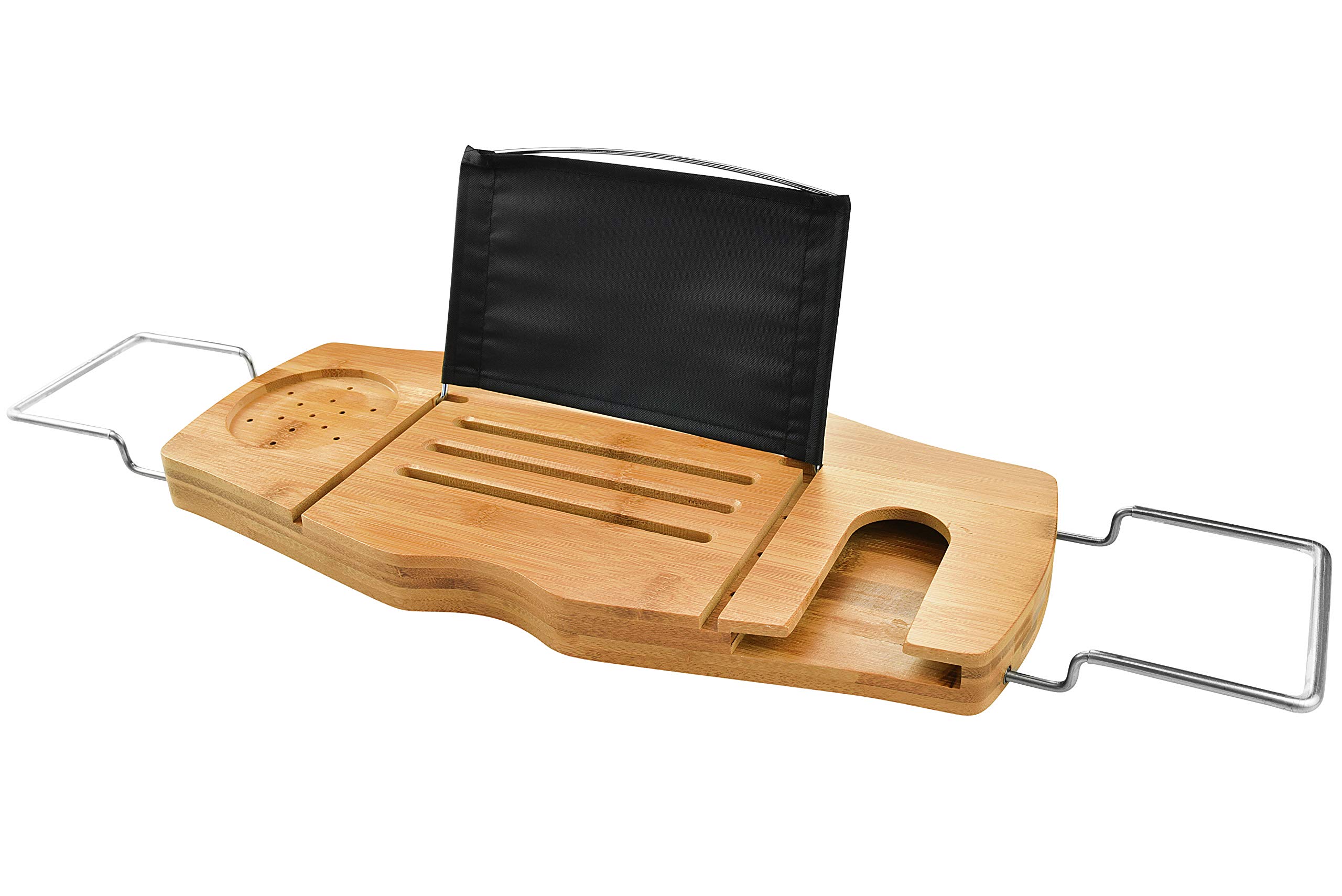 JKJZSALJ Bamboo Luxury Bath Caddy Tray Table Extendable Bathtub Shelf With Non Slip Grips Includes Wine Glass Holder Waterproof Reading Rack For Tablet Or Ipad