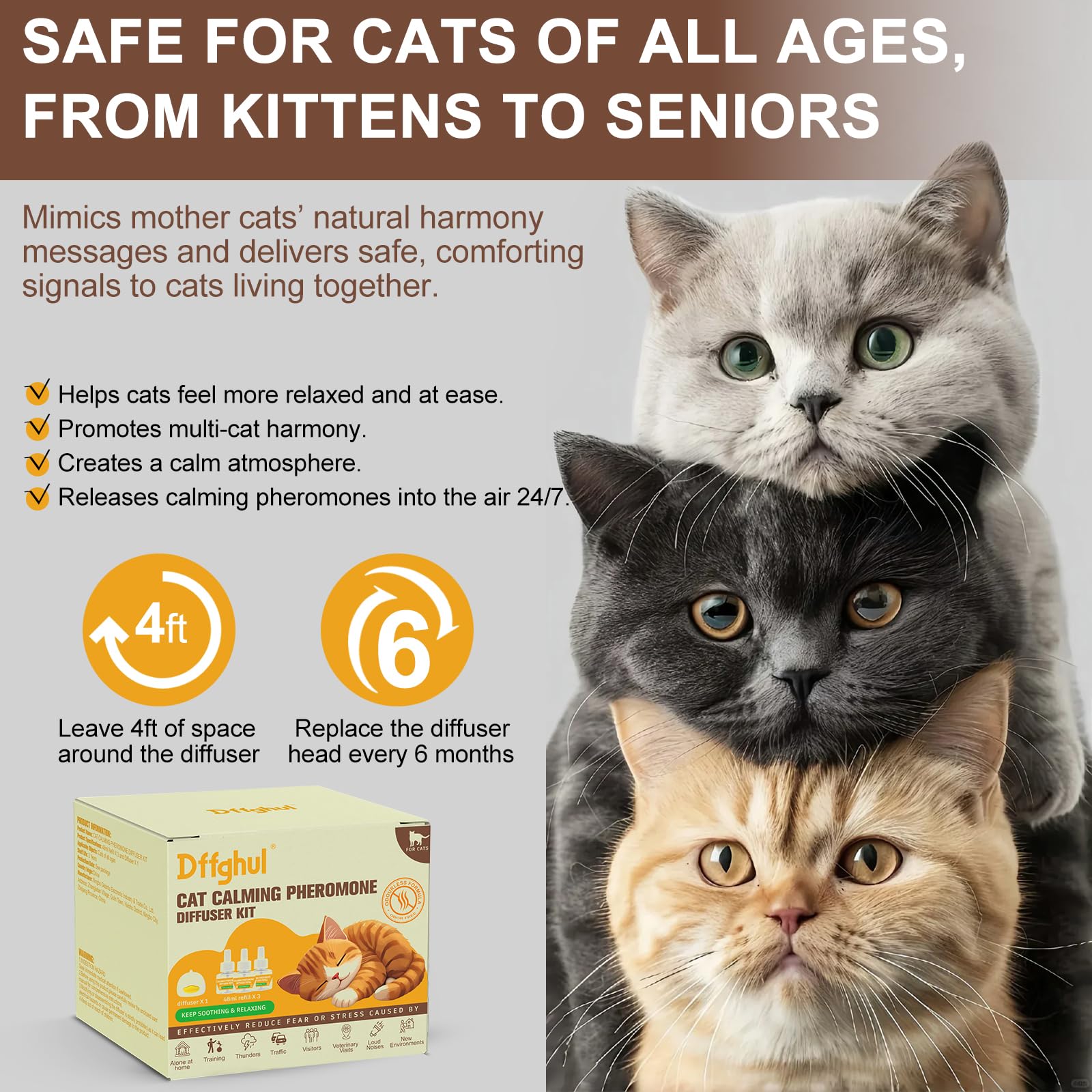 Diffuseur de phéromones apaisantes pour chats, soulage l'anxiété et le stress, diffuseur apaisant pour chats 3 recharges, réduit les combats et les griffures (3)
