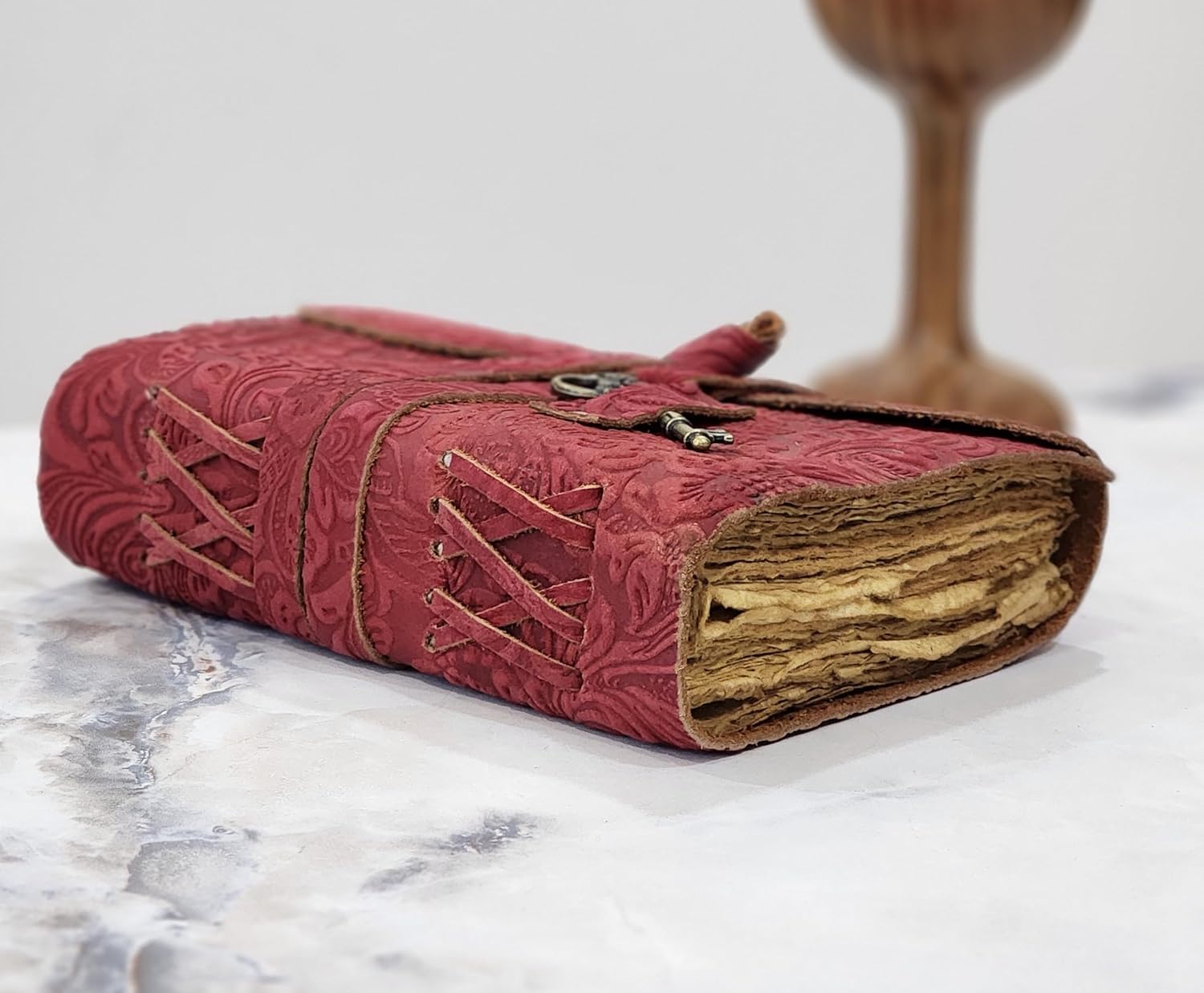 Embossed Leather Journal with Antique Key Vintage Pages Handmade Journal Leather Sketchbook Notepad Leather Travel Journal Book of Shadows Leather grimoire (Red, 10x7 Inch)