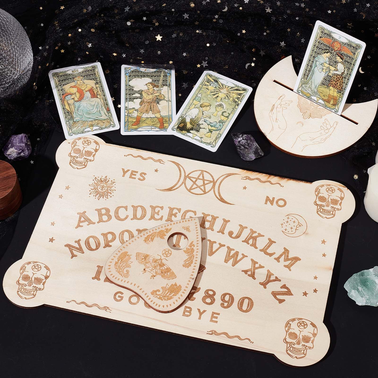 CREATCABIN Kit Tavola Spiritica 4 Pezzi In Legno Con Planchette, Porta Carte Tarocchi E Cristallo Rosa Per Divinazione E Stregoneria