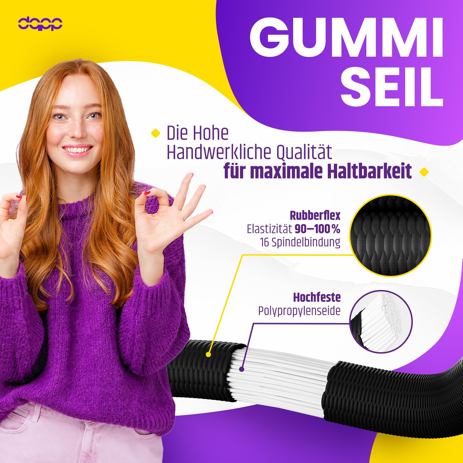 DQ-PP Corda in gomma gialla – 8 mm – 100 m – Cavo di gomma elastico per teloni