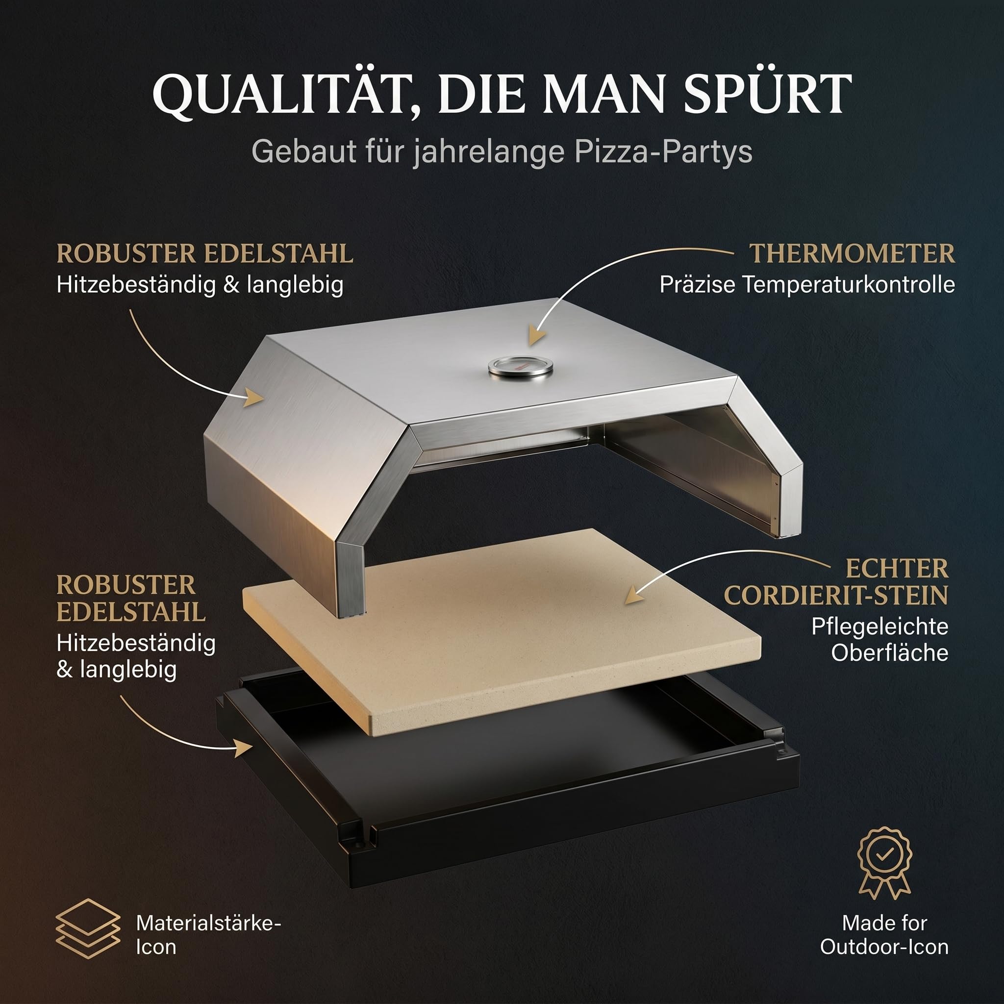 Pizzaofen aus Edelstahl mit Pizzastein für Gasgrill & Holzkohlegrill – Pizzabox für BBQ mit Thermometer (Silber)