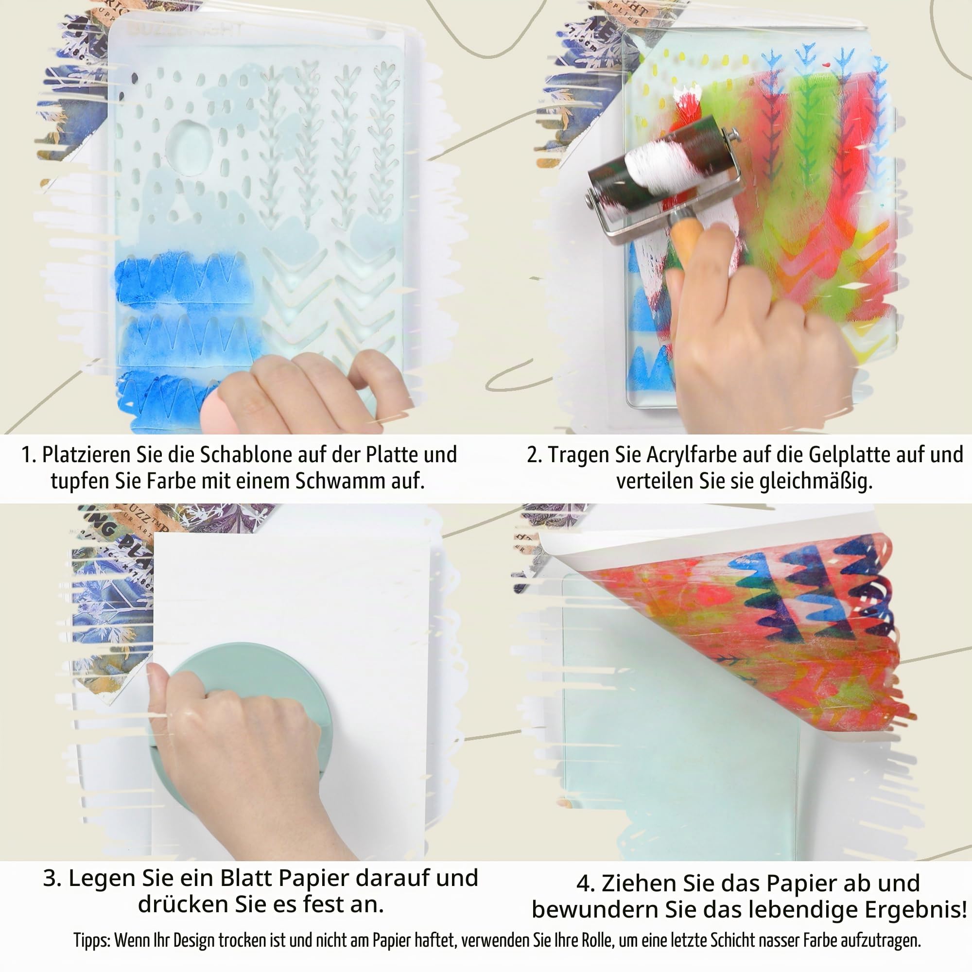 BuzzBright Gel-Druckplatten-Set, komplettes Druckherstellungs-Set mit 12,7 x 17,8 cm Gelatineteller, Brayer, Druckpapier, Acrylfarbe und unverzichtbaren Werkzeugen für Kunstwerke mit gemischten Medien