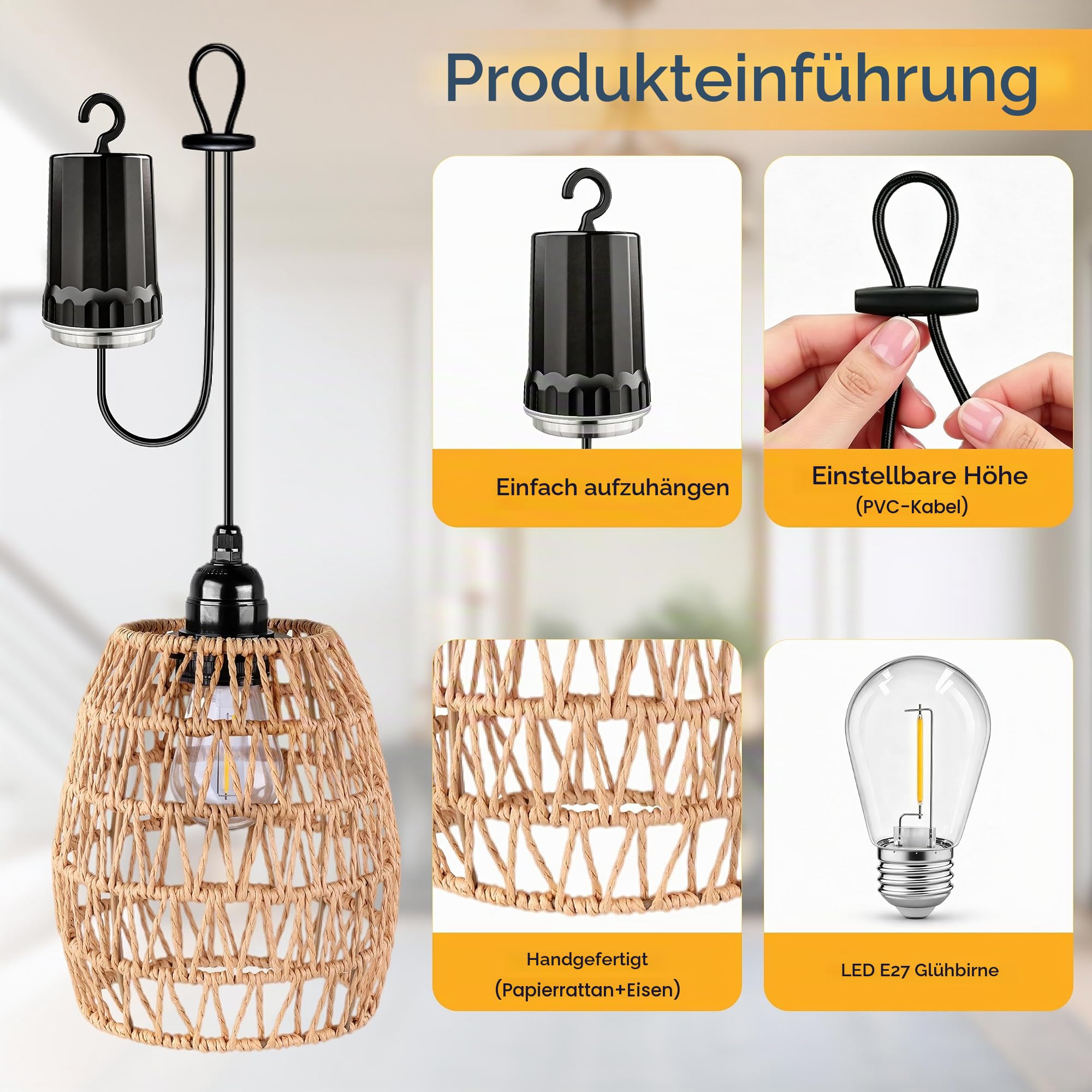 3 x Rattan Hängelampe mit Batterie, Dimmbar Hängeleuchte Batteriebetriebene Lampe mit Fernbedienung Ohne Stromanschluss, Außen Innen Tragbare Boho Korb Lampenschirm Pendelleuchte für Garten Balkon