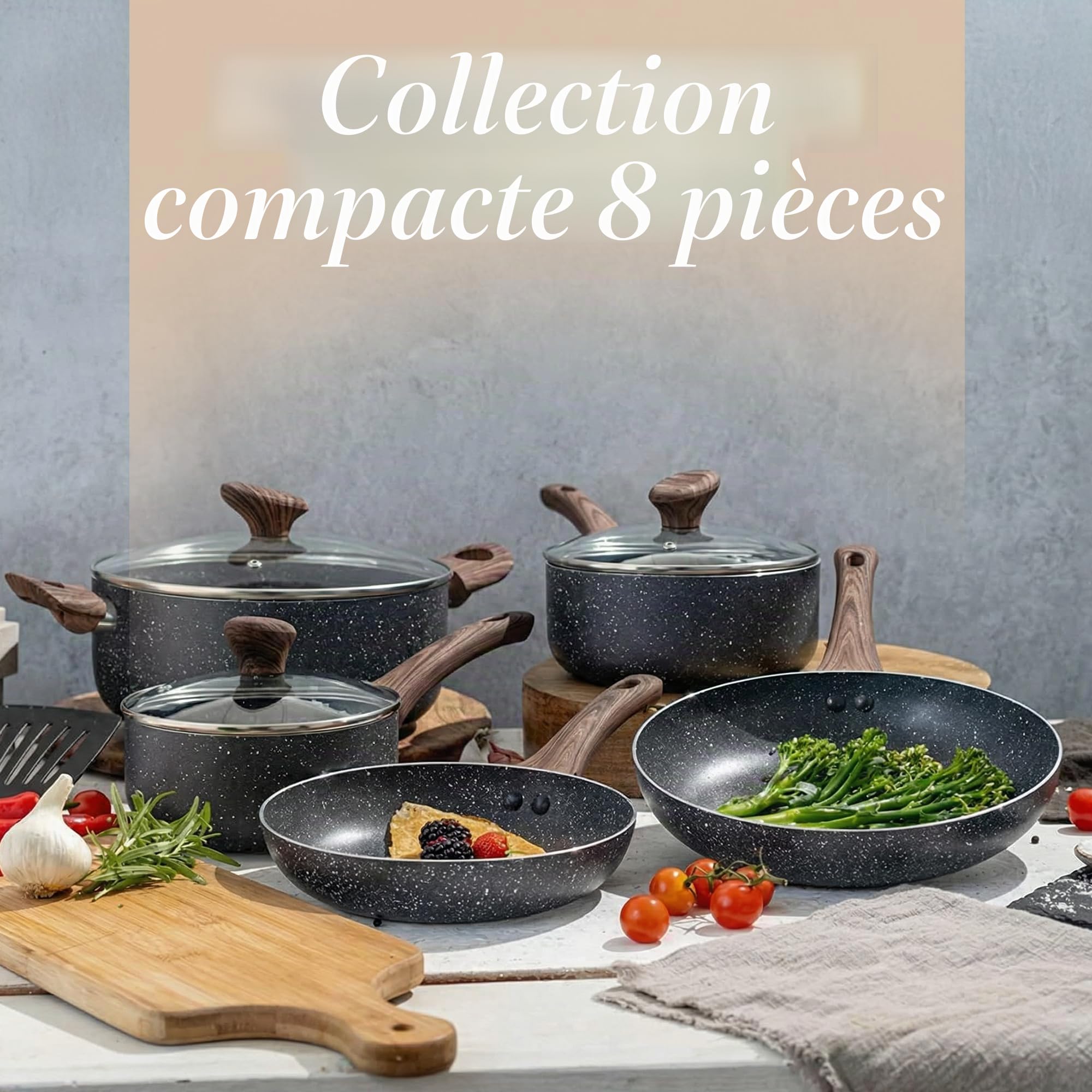 Ensemble de casseroles et poêles antiadhésives - Plaque à induction - Batterie de cuisine 8 pièces avec couvercle - Cuisiner avec marmite et poêles en marbre - par Nuovva