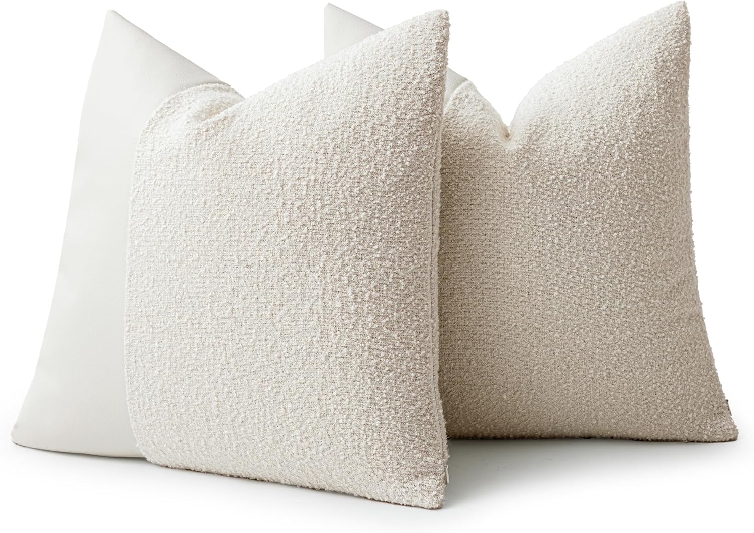 Set of 2 Fluffy Boucle Pillow Covers 18"x18", White Textured Throw Pillow Covers with Faux Leather Accents, Boho Decorative Pillow Cases for Couch, Bed, or Farmhouse Home Decor - Image 5