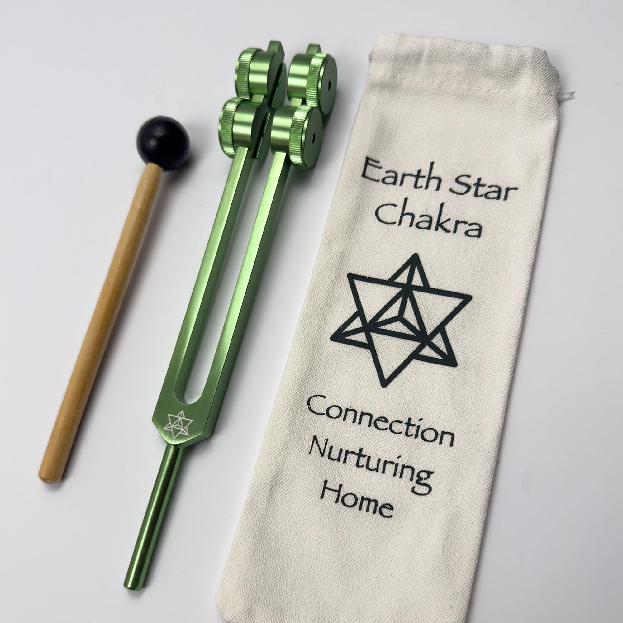 Earth Star 68.05 Hz Weighted Tuning Fork (9th) Carry Bag and Striker - Sound Healing and Enhanced Biofield Harmonization - Earth Vibration, Grounding - Green Color