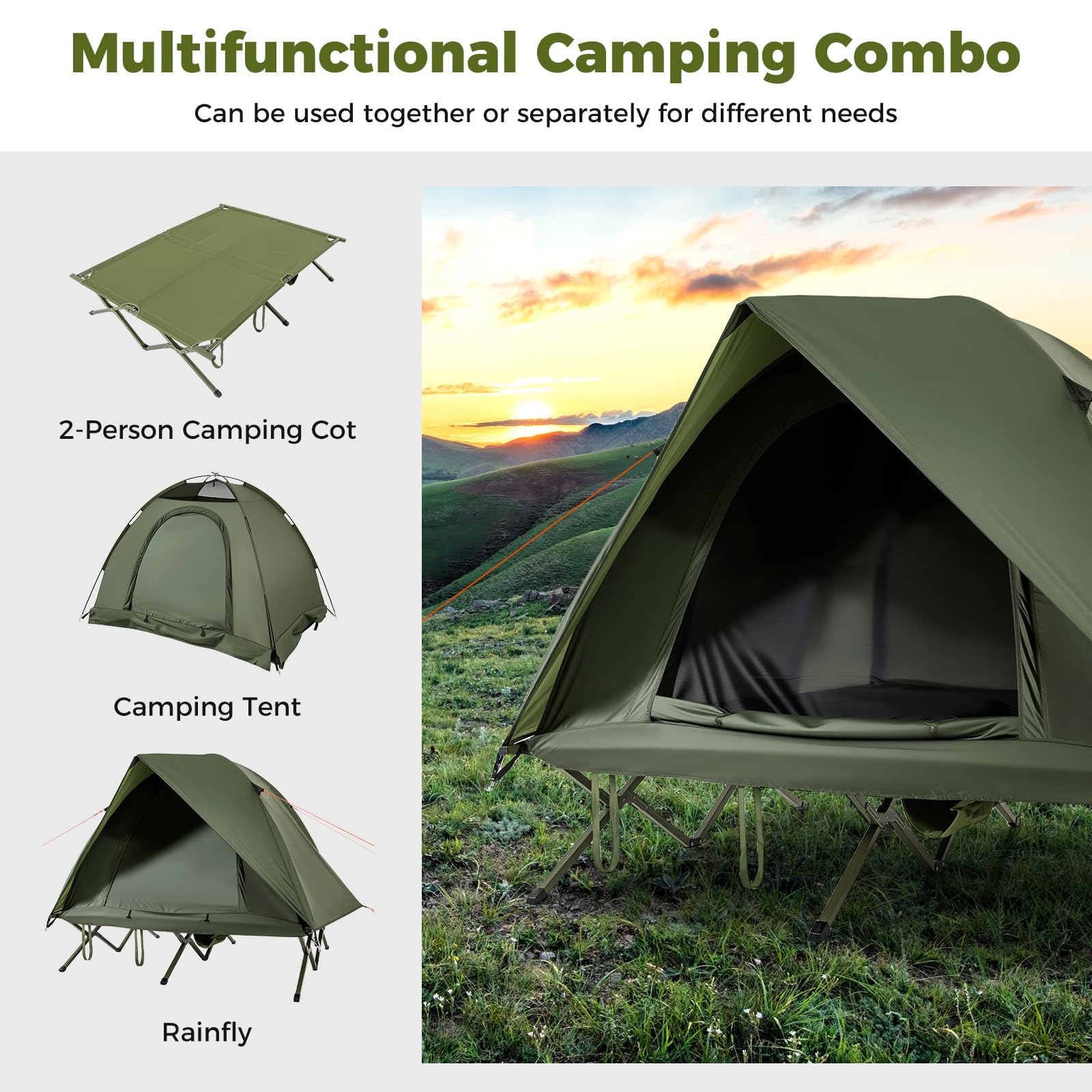 FANTASK Feldbett mit Zelt 2 Personen, Camping-Ausrüstung mit Regenschutz, 2 Netztüren, Dachfenster & Rolltasche, Outdoor-fähige Unterkunftsbett, bis 300 kg, 194 x 145 x 150 cm