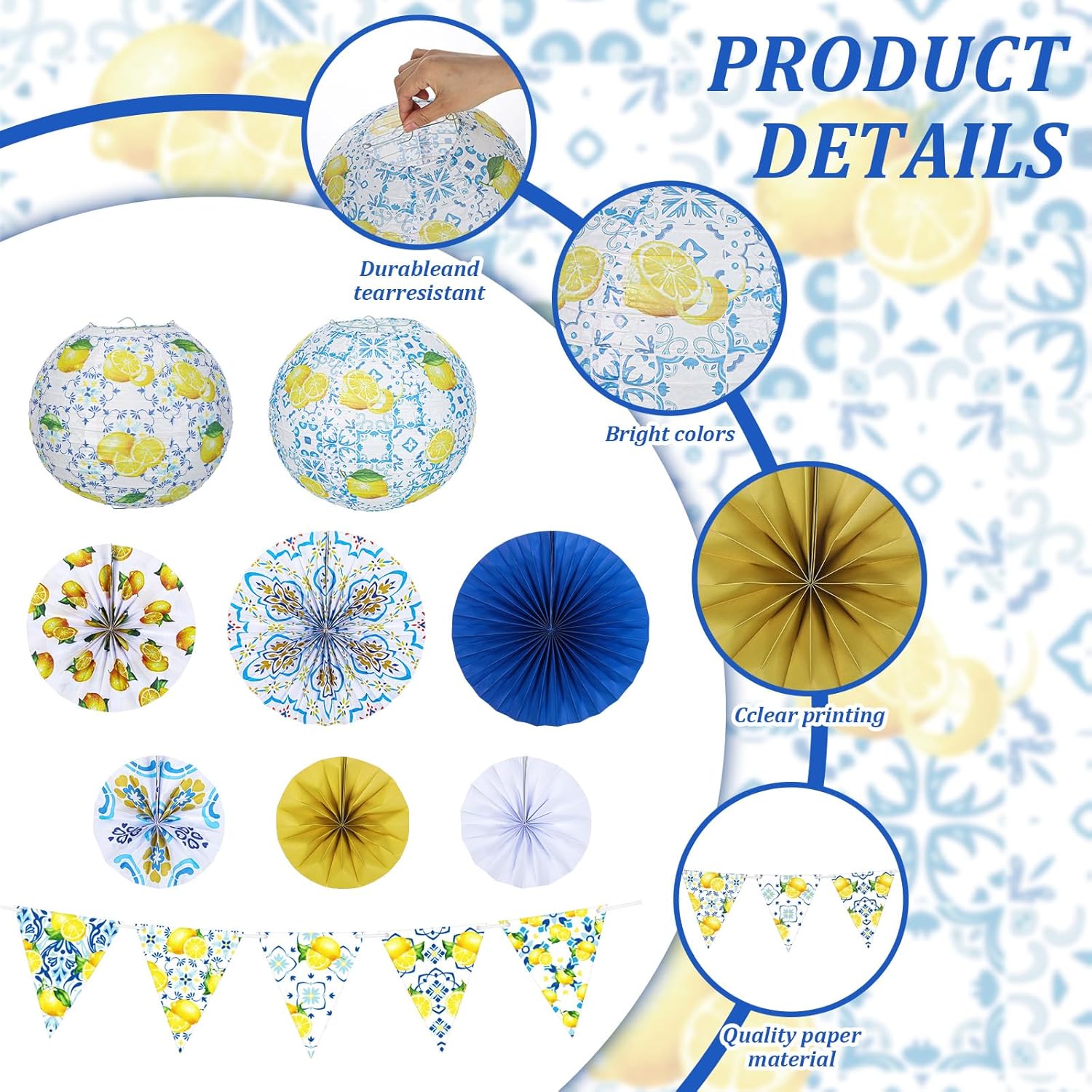 Colarr 19 Pcs Capri Lemon Mediterranean Party Decorations Blue and Yellow Amalfi Coast Hanging Lantern Paper Fans Triangle Flags Banner for Birthday Baby Shower Wedding Events Summer Party Supplies