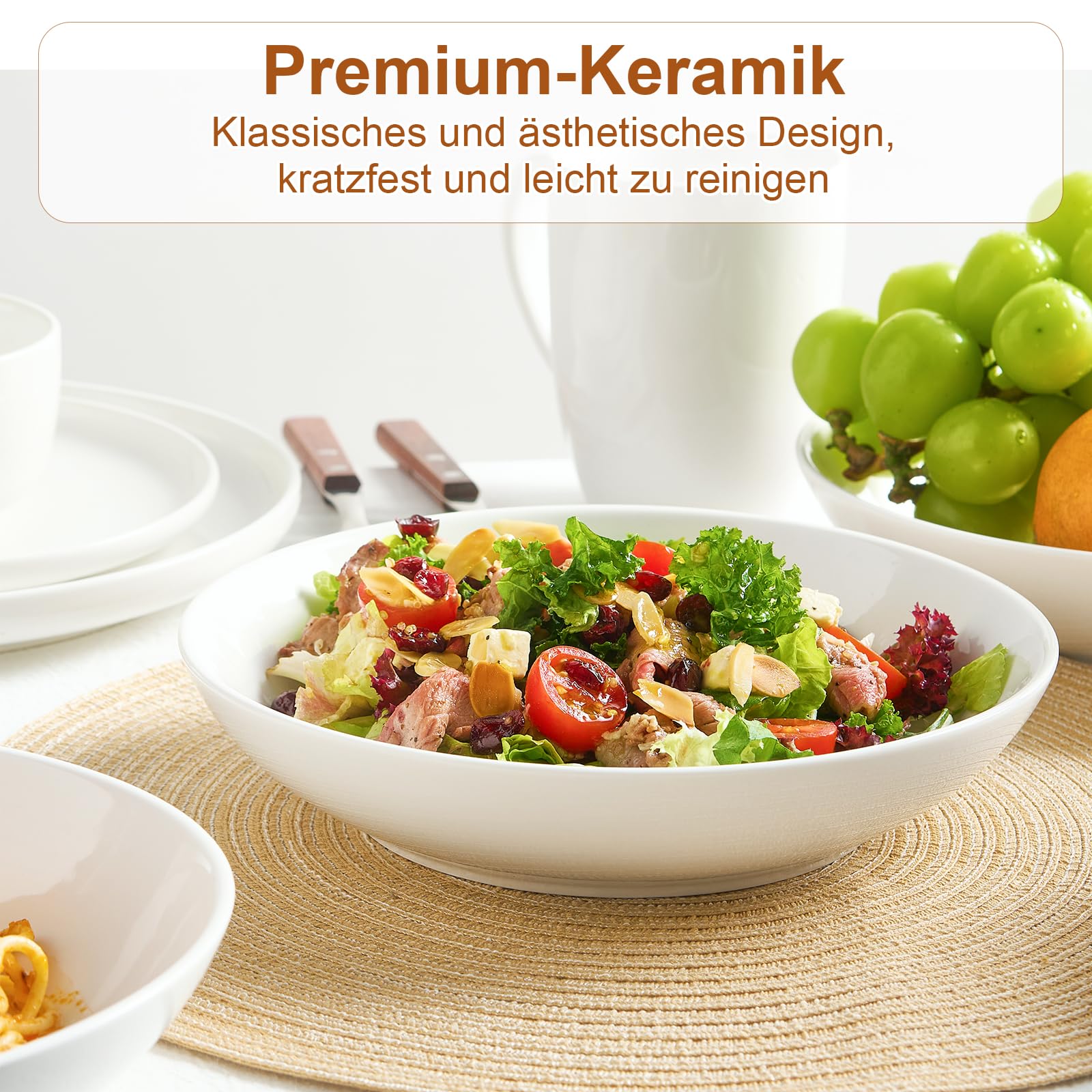 25cm Pastateller 4er Set, 1400ml große Porzellan Keramik Nudelteller, Pastaschale für Müsli Suppe Steak Nudel Breite Küche Geschirr Teller - Mikrowelle Ofen Geschirrspüler Sicher 9,84" Groß Tief Weiß