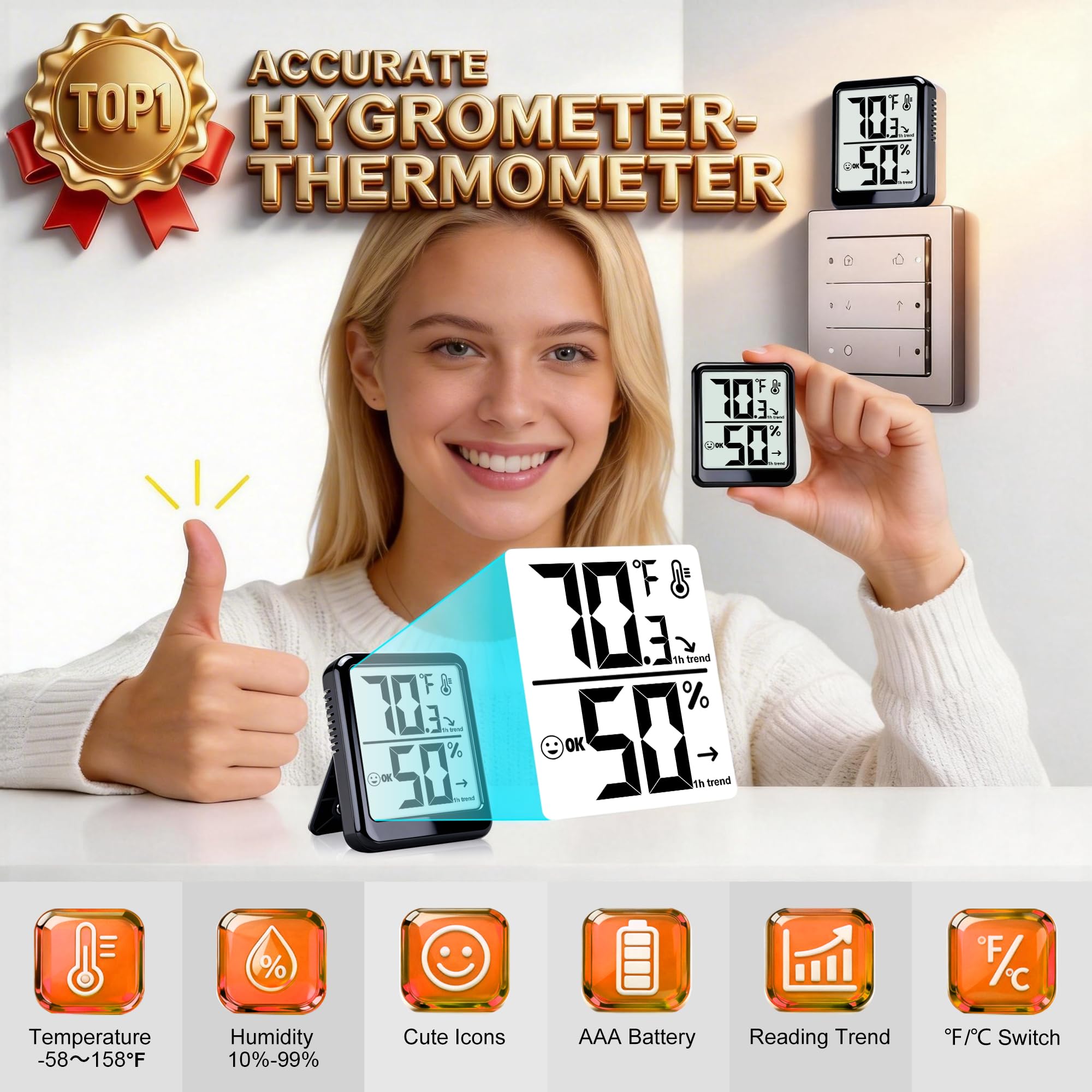 Paquete de 2 termómetros de habitación higrómetro de interior para el hogar, medidor de humedad de temperatura, medidor de humedad, sensor digital de monitor de temperatura ambiente para bebé