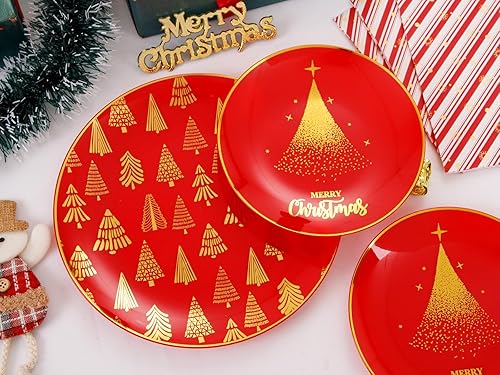 Miniatura 8 de Hioasis 175 platos de plástico de Navidad  El juego de platos desechables de plástico rojo incluye 25 platos llanos, 25 platos de postre, 25