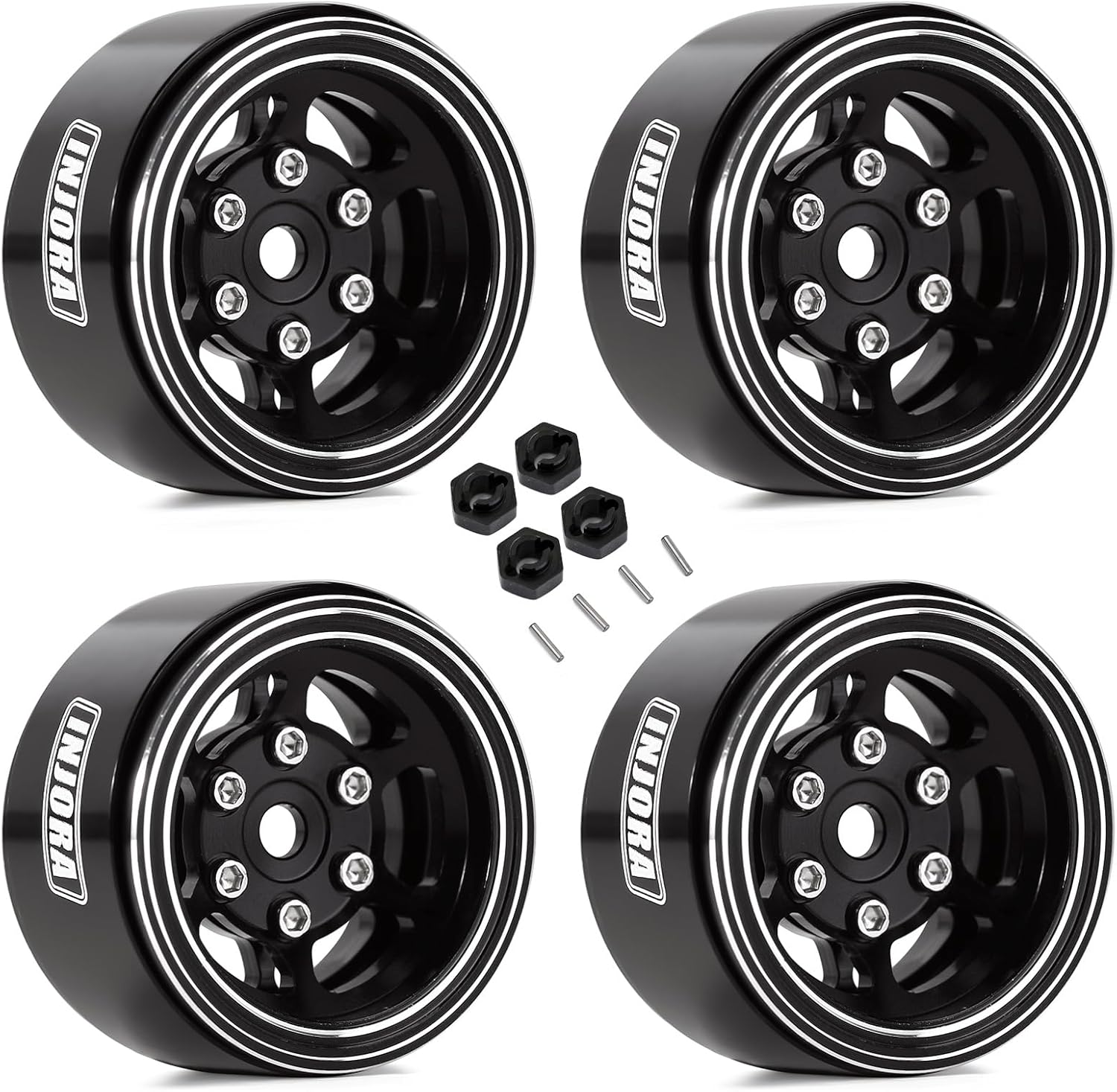 INJORA 1.0 Beadlock Wheel Rim 4PCS CNC Aluminum Wheels for 1/18 TRX4M 1/24 RC Crawler Car Axial AX24 SCX24 FMS FCX24 Upgrade (Black)
