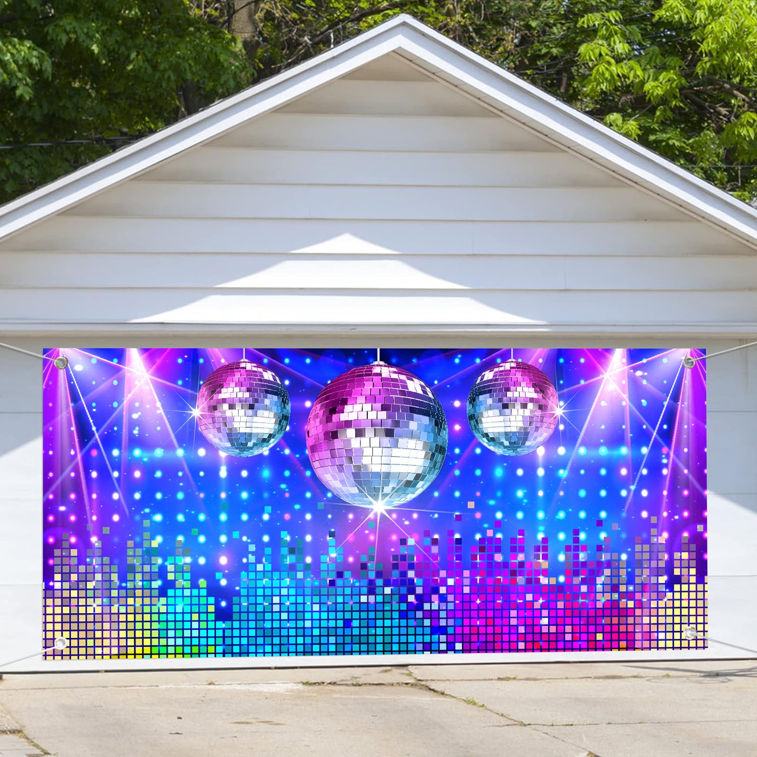 Disco Garage Door Decoration Background Retro Vintage Glow Party 70s 80s 90s Disco Ball Stage Dance Backdrop Party Decor Night Club Neon Music Banner Birthday Let's Glow Garage Door Cover 16X7FT