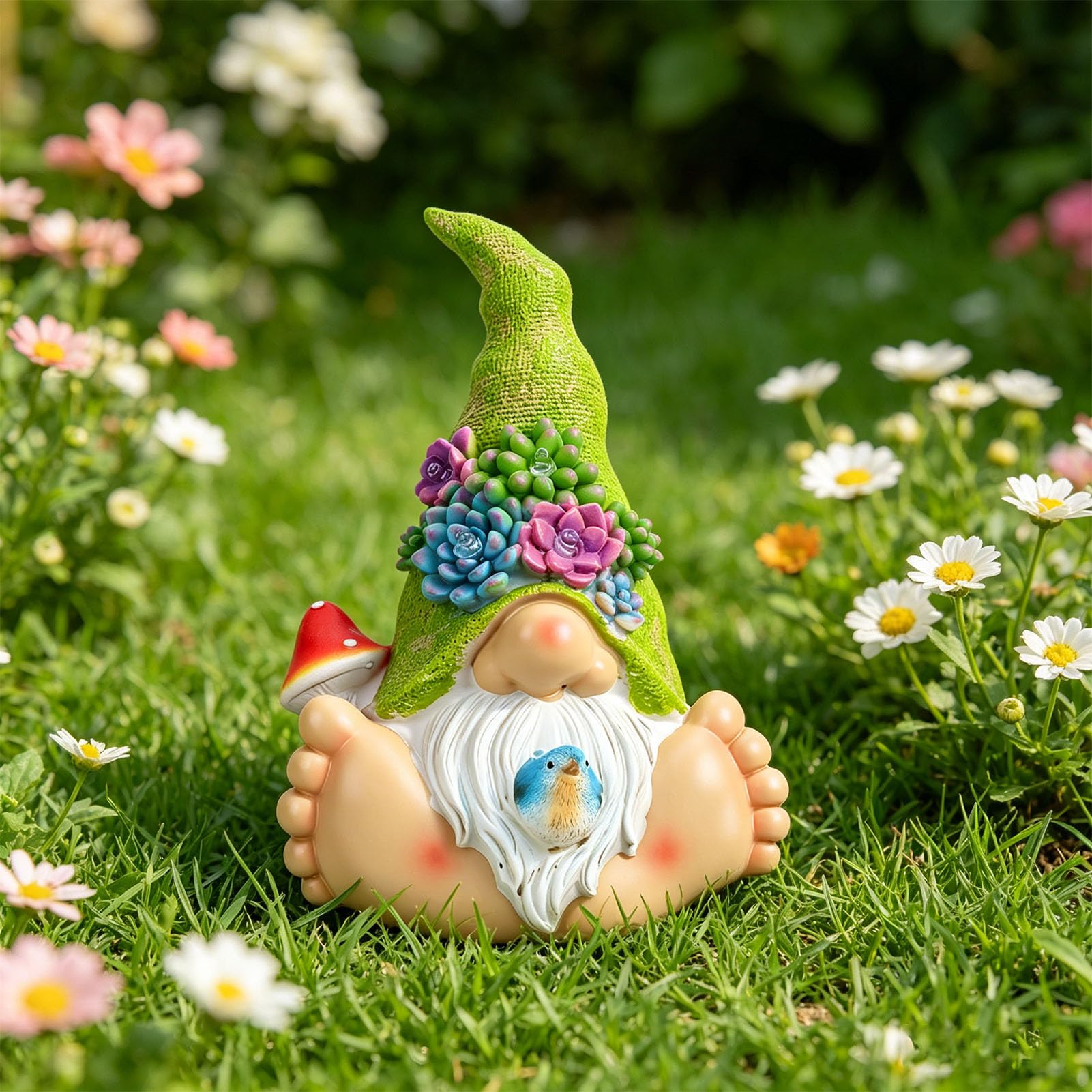 EMUKOEP Statua da Giardino Gnomo Solare con Fiori Succulenti a LED, (A)