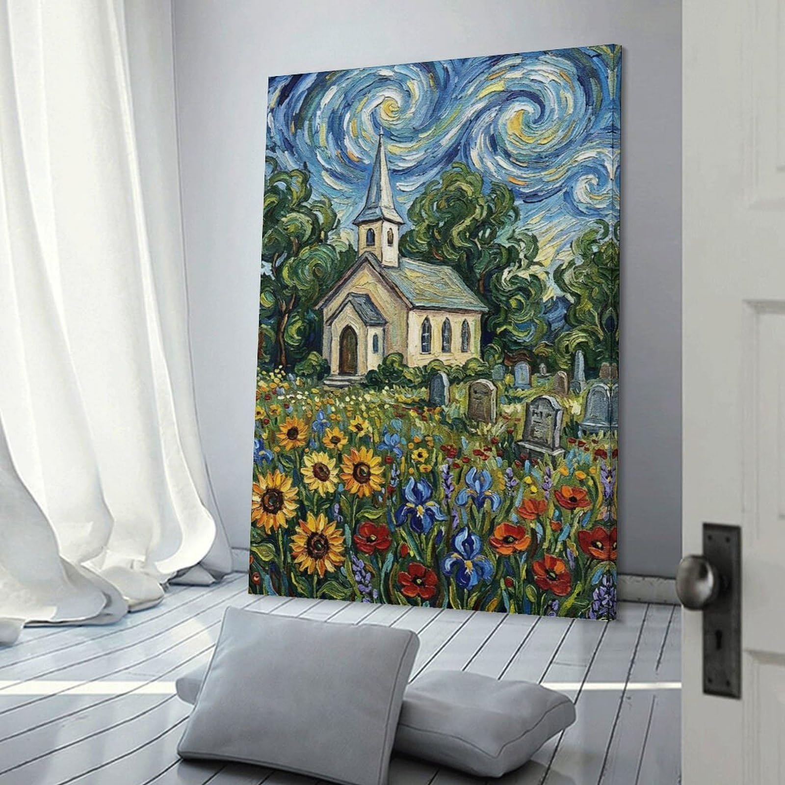Junmoney Home Decor Wall Art Church And Cemetery in Floral Field, 24x36inch(60x90cm), for New Homes, Bedrooms Or Workspaces, Decorative Present for New Homes