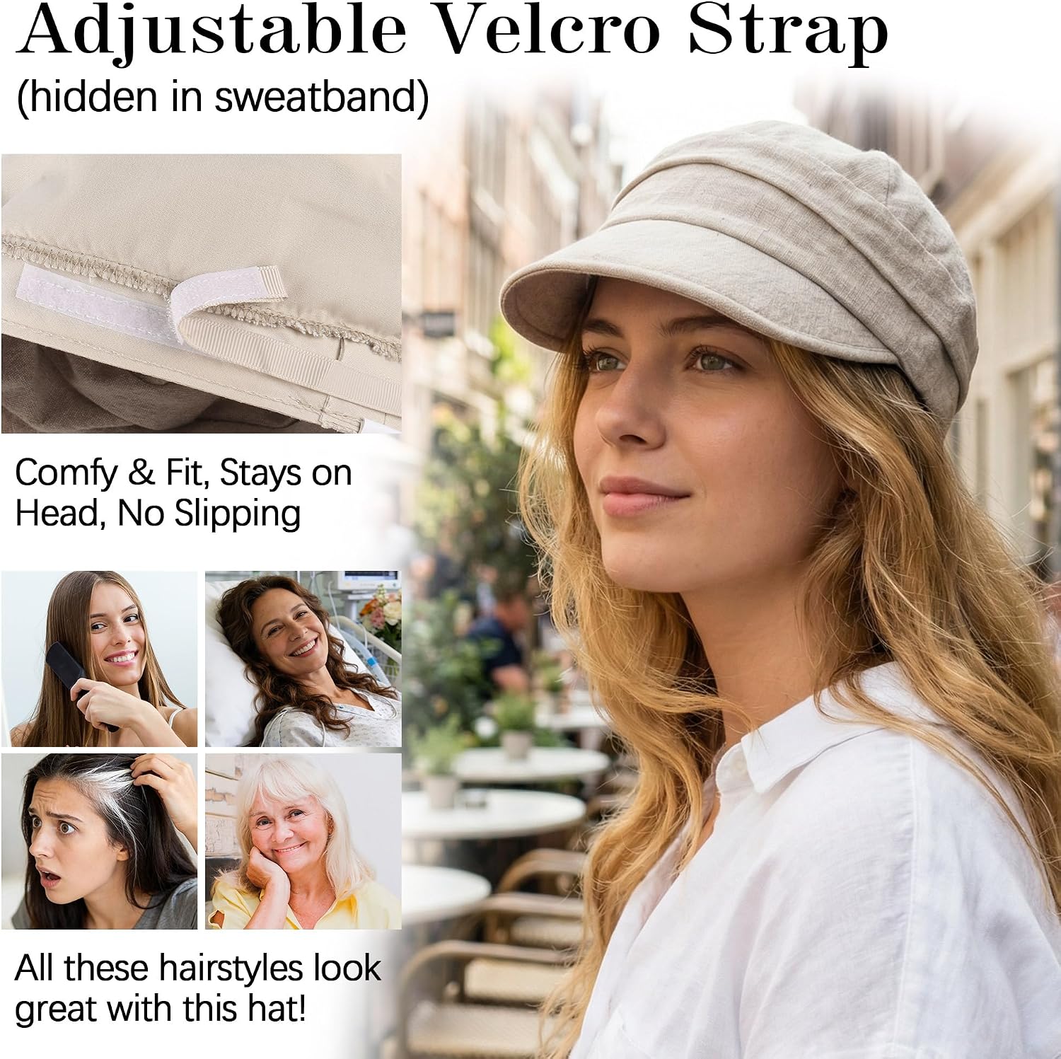Ababalaya Moisture Wicking Linen Newsboy Cap, Adjustable Lightweight Visor Beret Skin-Friendly Hair Loss Cap Hat